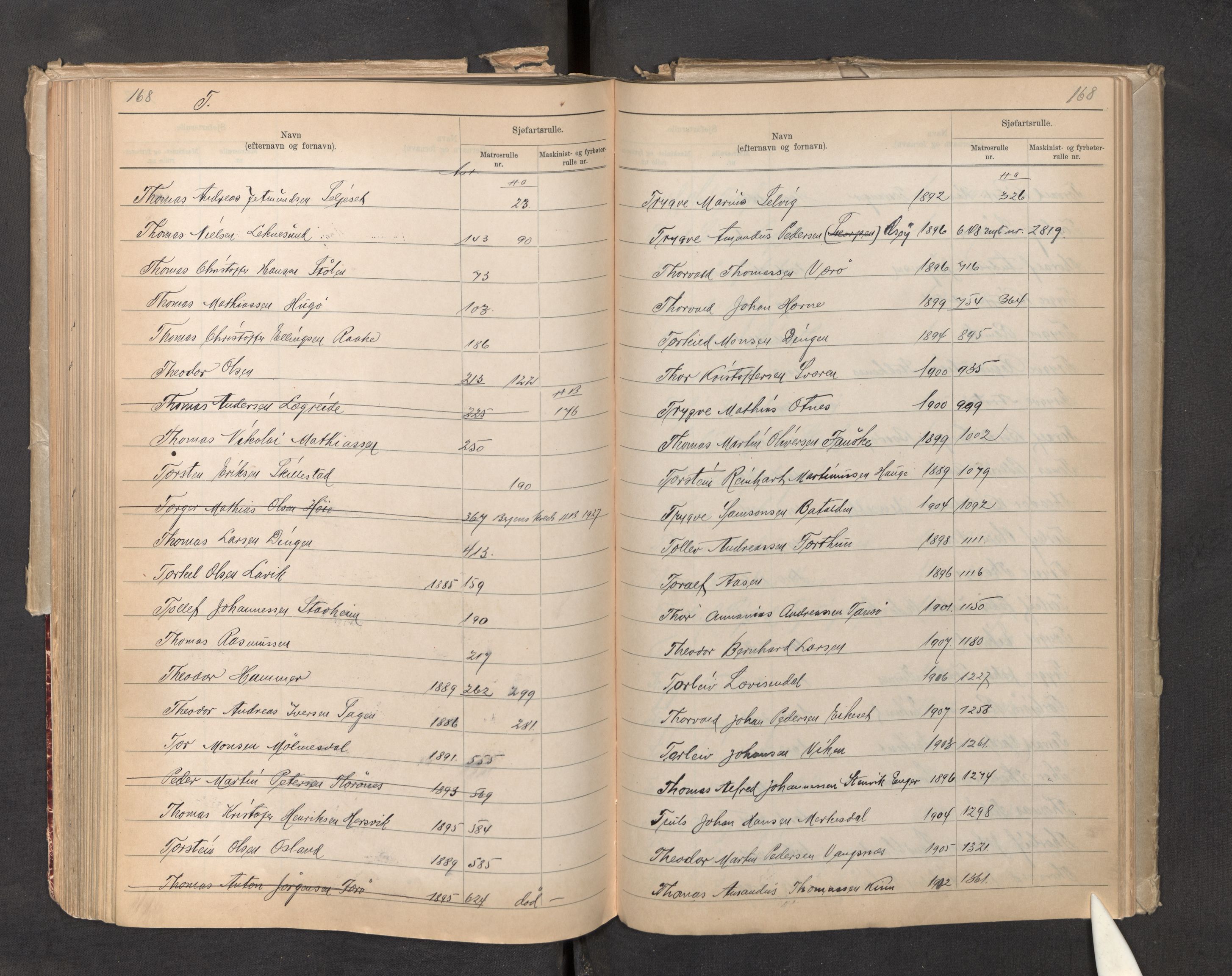 Innrulleringssjefen i Bergen, AV/SAB-A-100050/F/Fa/L0006: Register til sjøfartsrulle, Florø krets, 1868-1949, s. 168