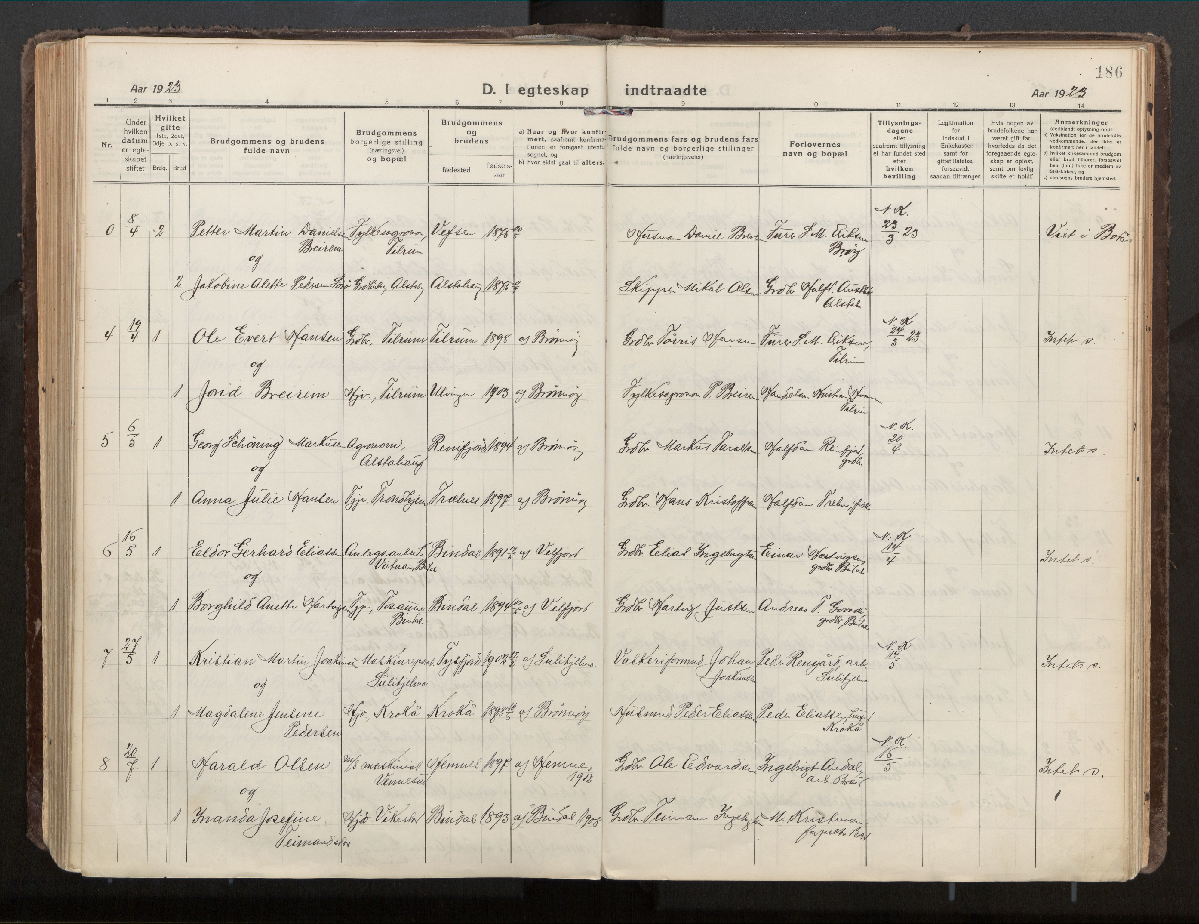 Ministerialprotokoller, klokkerbøker og fødselsregistre - Nordland, SAT/A-1459/813/L0207a: Ministerialbok nr. 813A18, 1919-1927, s. 186