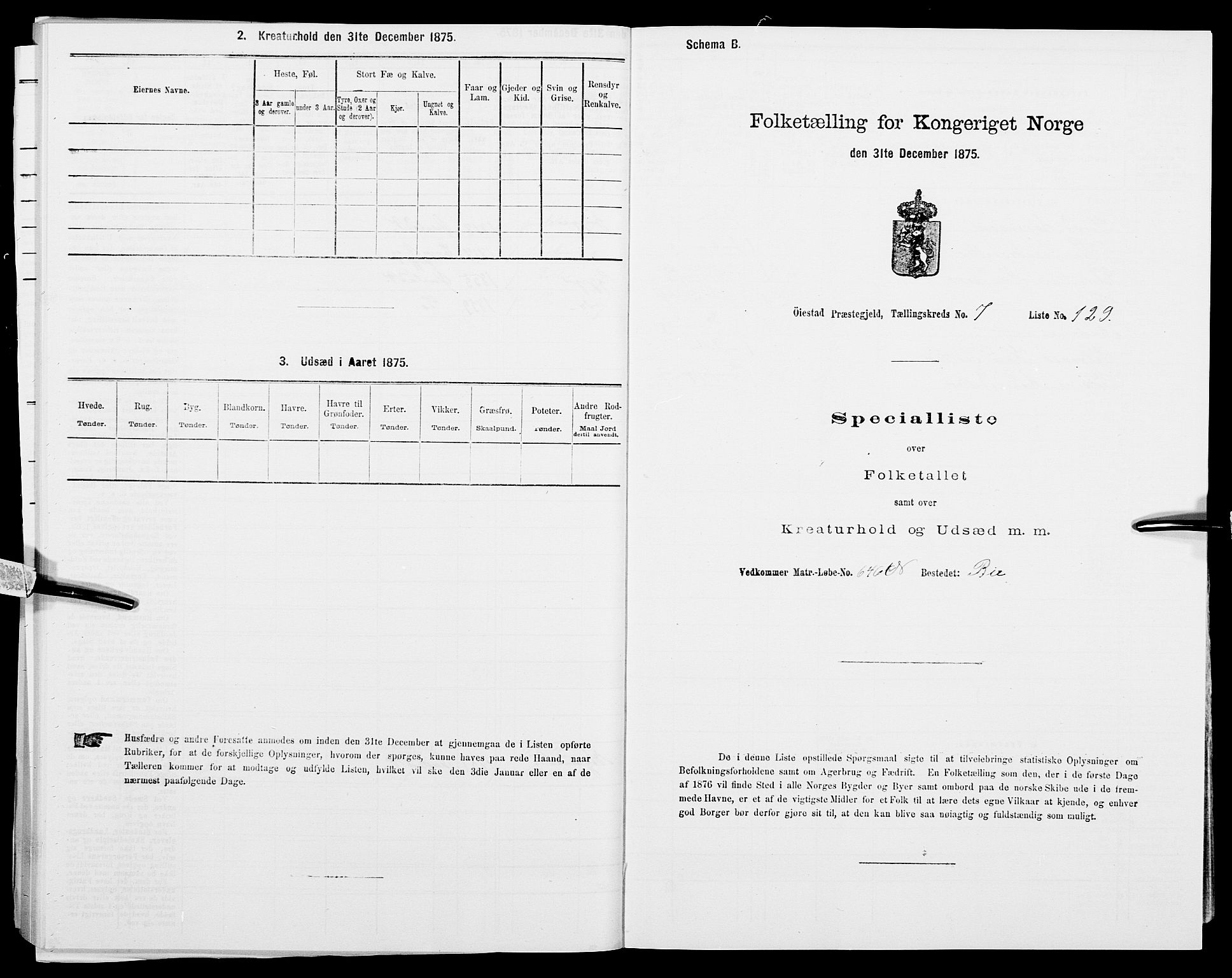 SAK, Folketelling 1875 for 0920P Øyestad prestegjeld, 1875, s. 1105