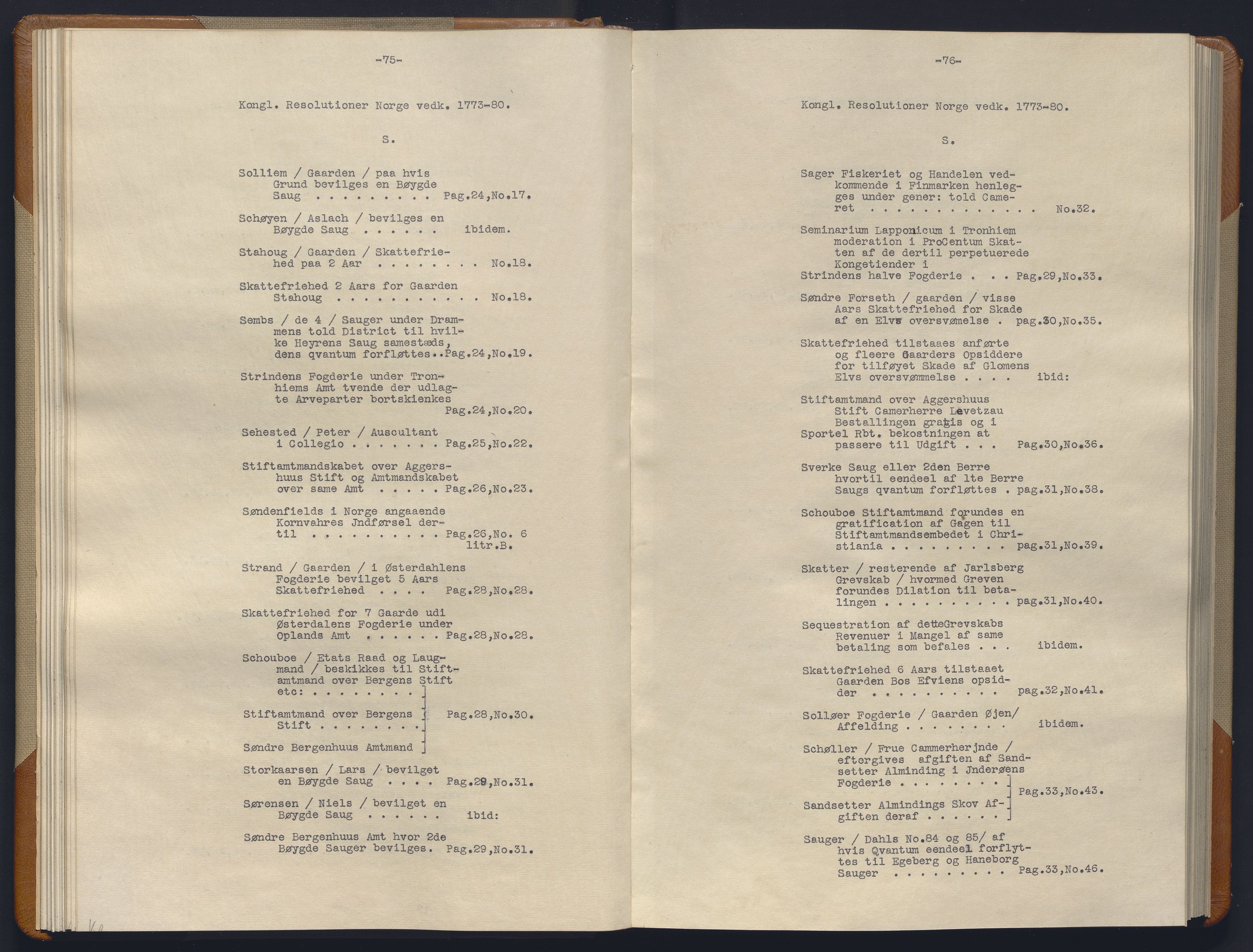 Avskriftsamlingen, AV/RA-EA-4022/F/Fb/L0123: Registratur over norske Relasjons- og  resolusjonsprotokoller, 1773-1780, s. 41