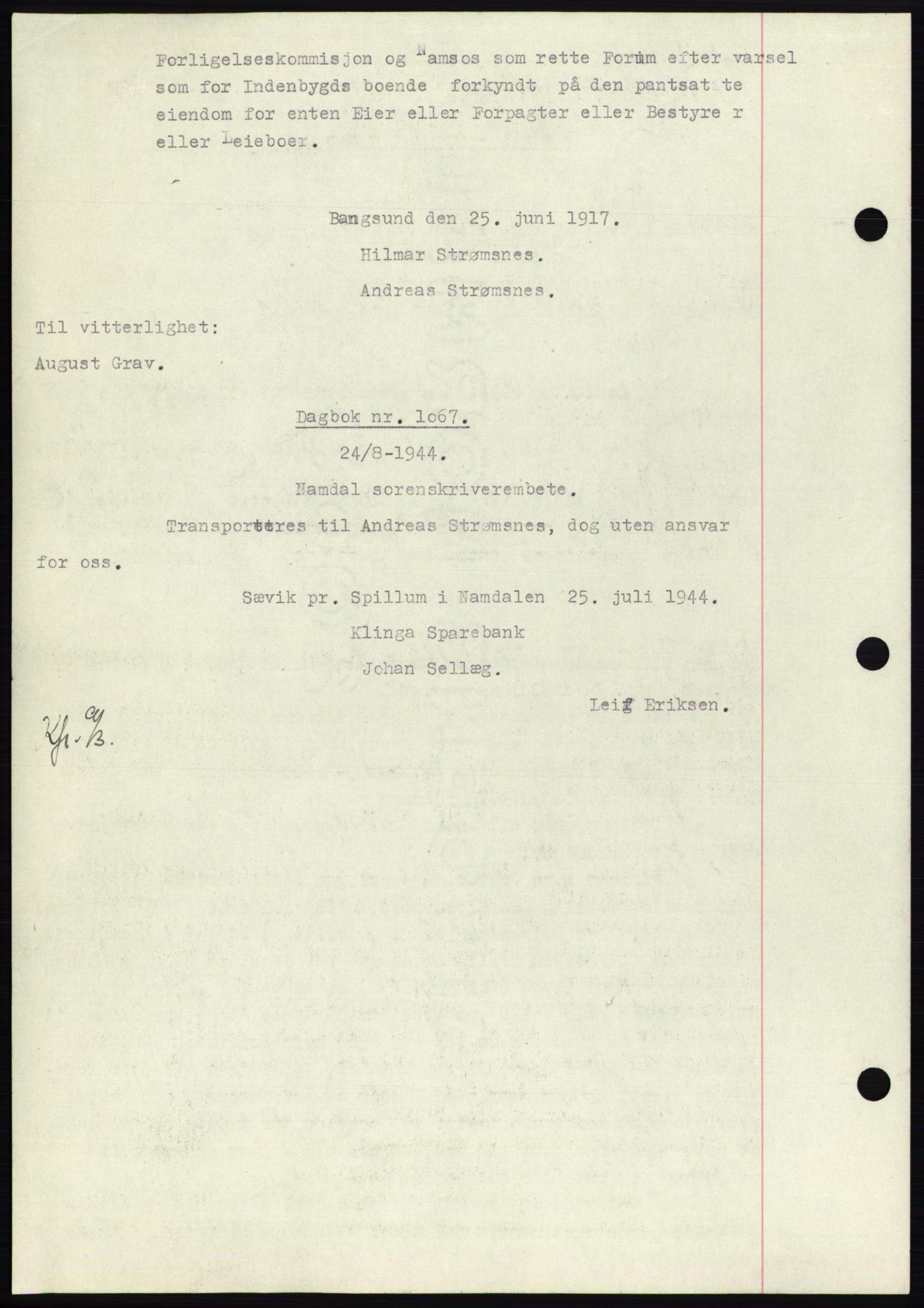 Namdal sorenskriveri, SAT/A-4133/1/2/2C: Pantebok nr. -, 1916-1921, Tingl.dato: 07.07.1917