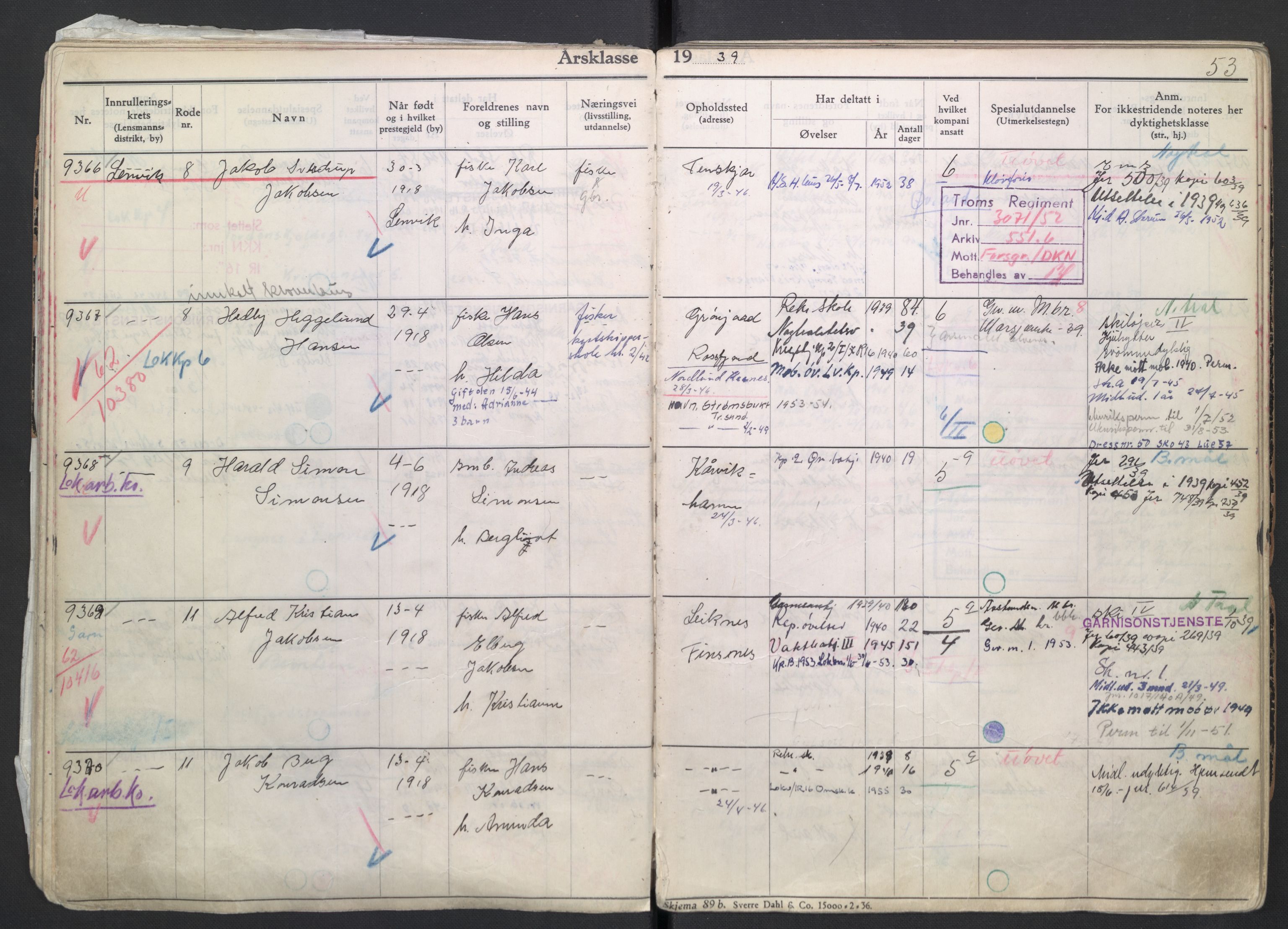 Forsvaret, Troms infanteriregiment nr. 16, AV/RA-RAFA-3146/P/Pa/L0007/0004: Ruller / Rulle for regimentets menige mannskaper, årsklasse 1939, 1939, s. 53