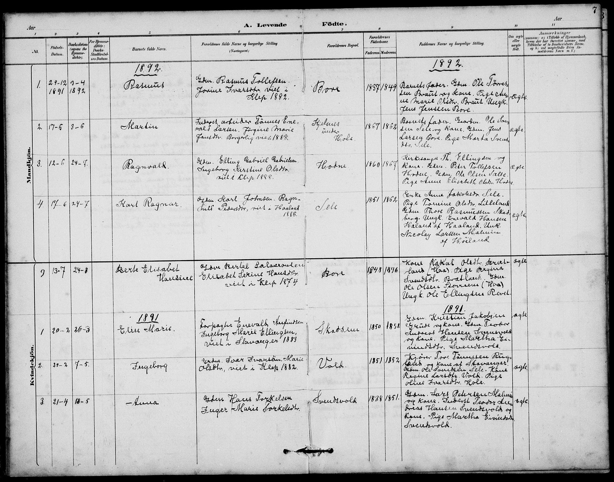 Klepp sokneprestkontor, SAST/A-101803/001/3/30BB/L0006: Klokkerbok nr. B 6, 1889-1936, s. 7