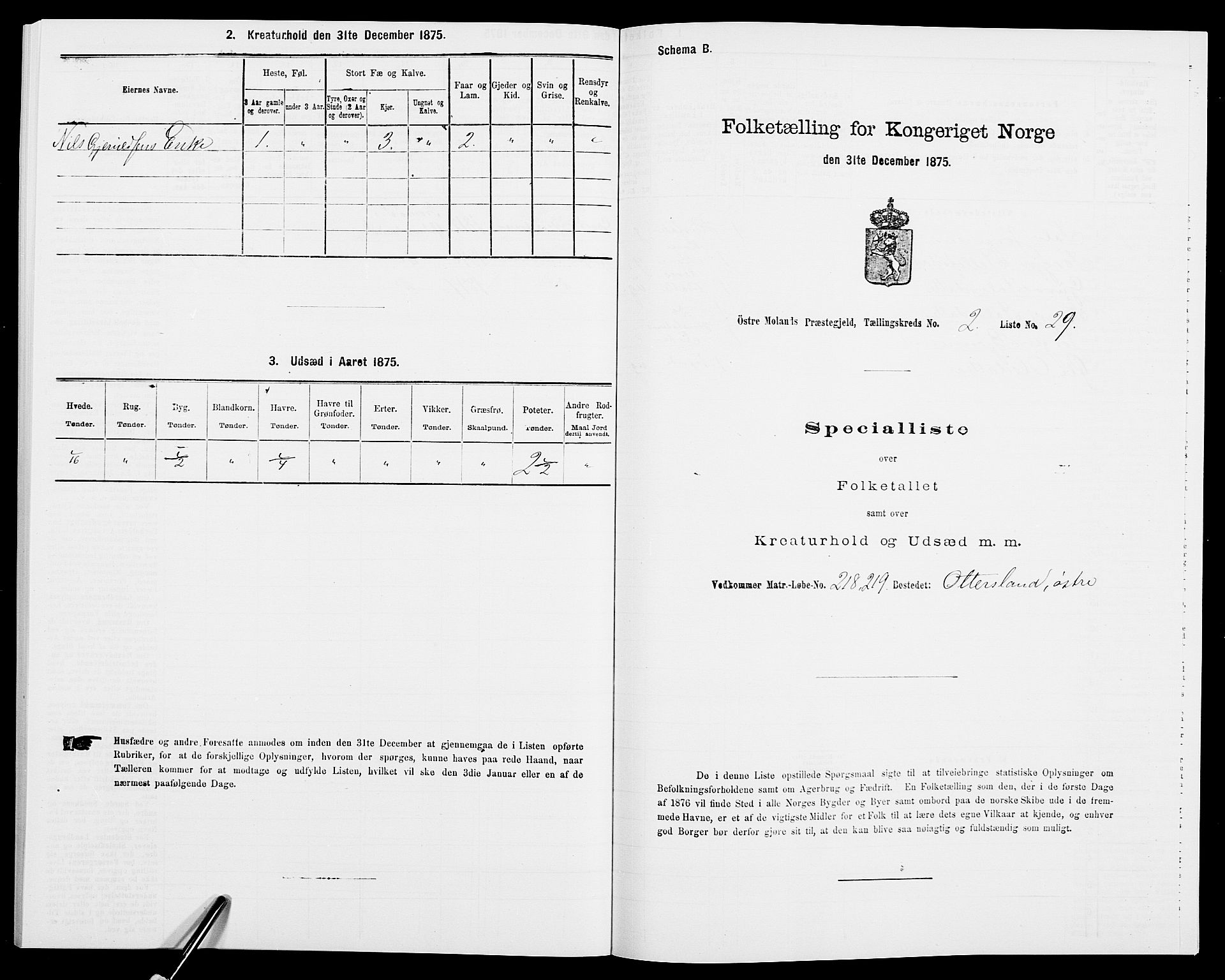 SAK, Folketelling 1875 for 0918P Austre Moland prestegjeld, 1875, s. 1158