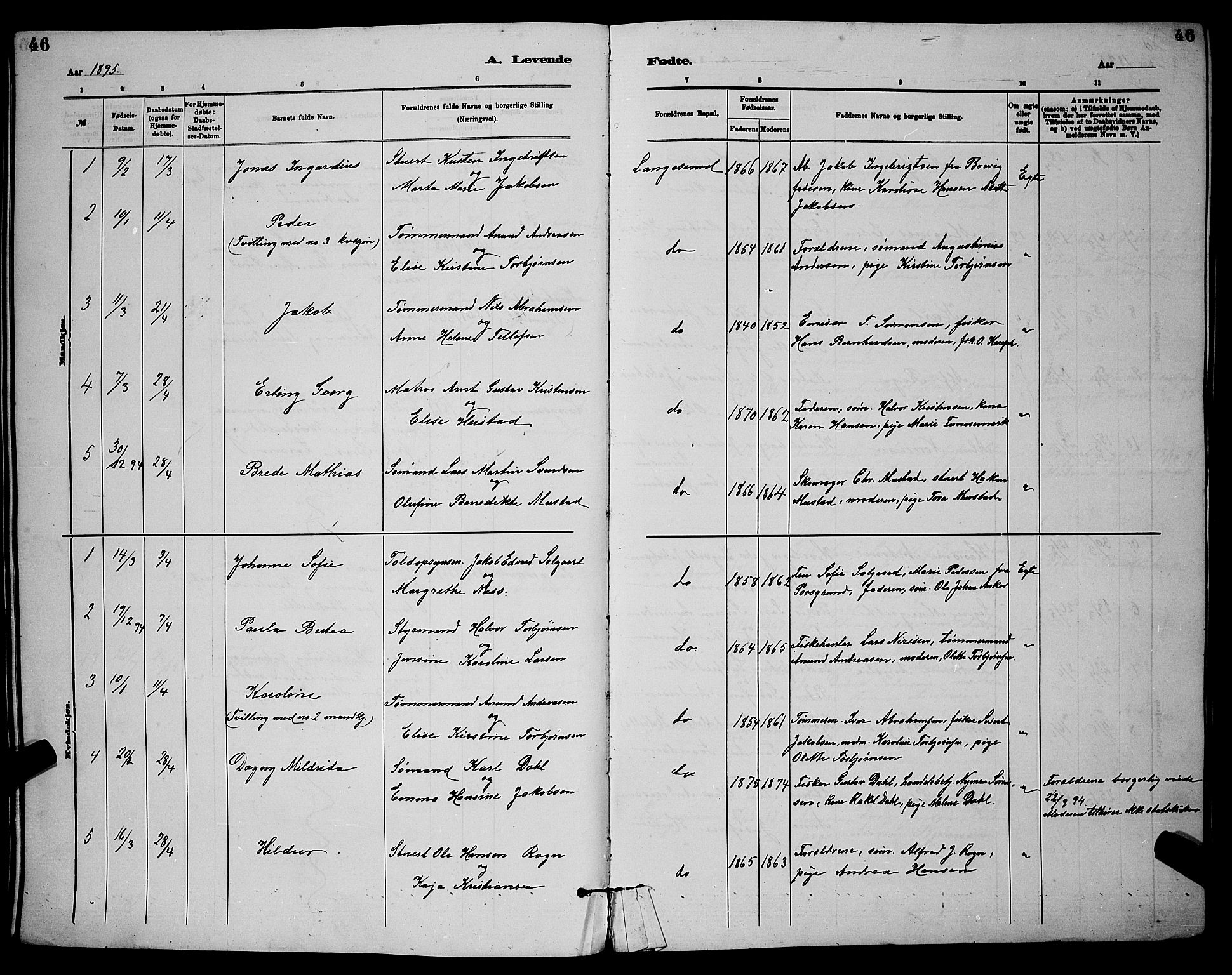 Langesund kirkebøker, AV/SAKO-A-280/G/Ga/L0005: Klokkerbok nr. 5, 1884-1898, s. 46