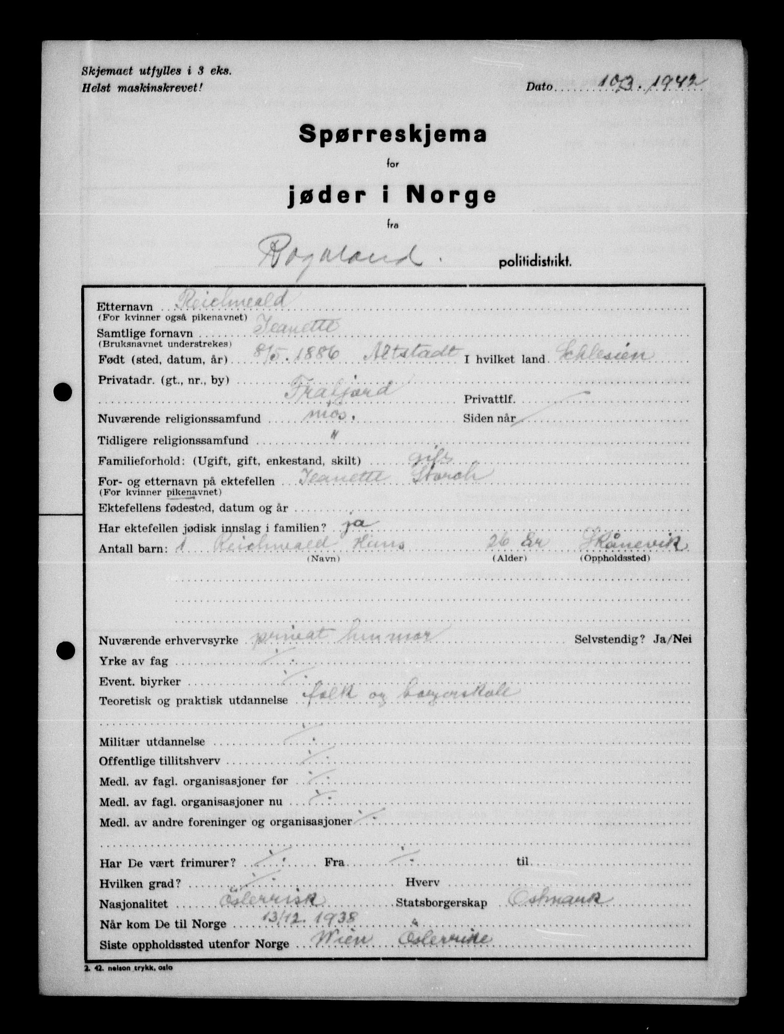 Statspolitiet - Hovedkontoret / Osloavdelingen, AV/RA-S-1329/G/Ga/L0012: Spørreskjema for jøder i Norge. 1: Aker 114- 207 (Levinson-Wozak) og 656 (Salomon). 2: Arendal-Hordaland. 3: Horten-Romerike.  , 1942, s. 876