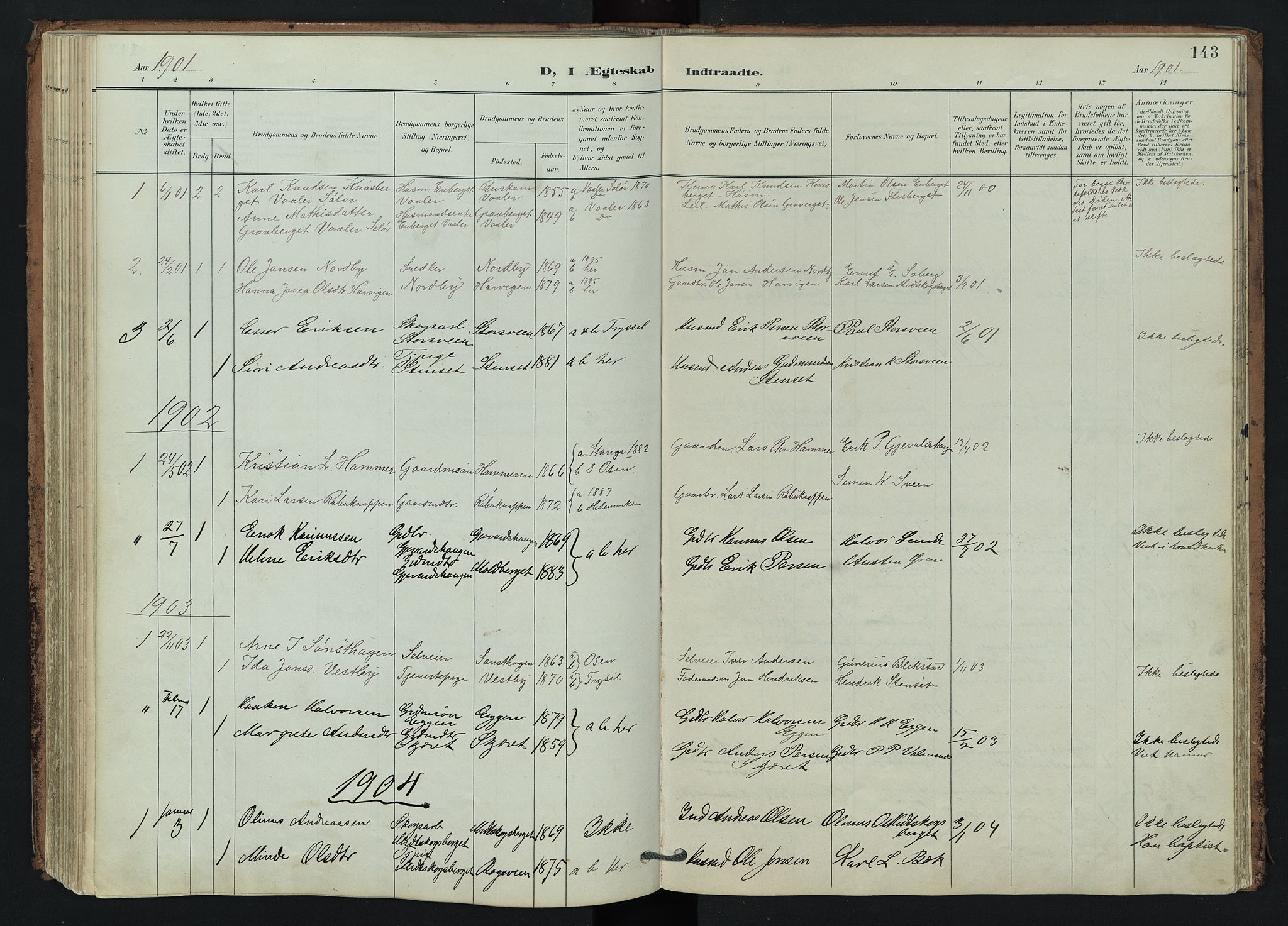 Trysil prestekontor, SAH/PREST-046/H/Ha/Hab/L0007: Klokkerbok nr. 7, 1896-1948, s. 143