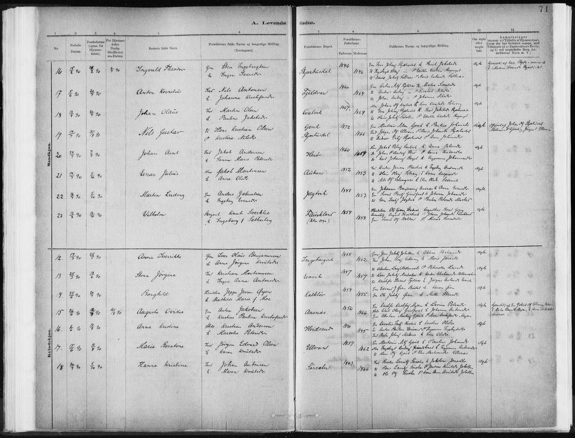 Ministerialprotokoller, klokkerbøker og fødselsregistre - Sør-Trøndelag, SAT/A-1456/637/L0558: Ministerialbok nr. 637A01, 1882-1899, s. 71