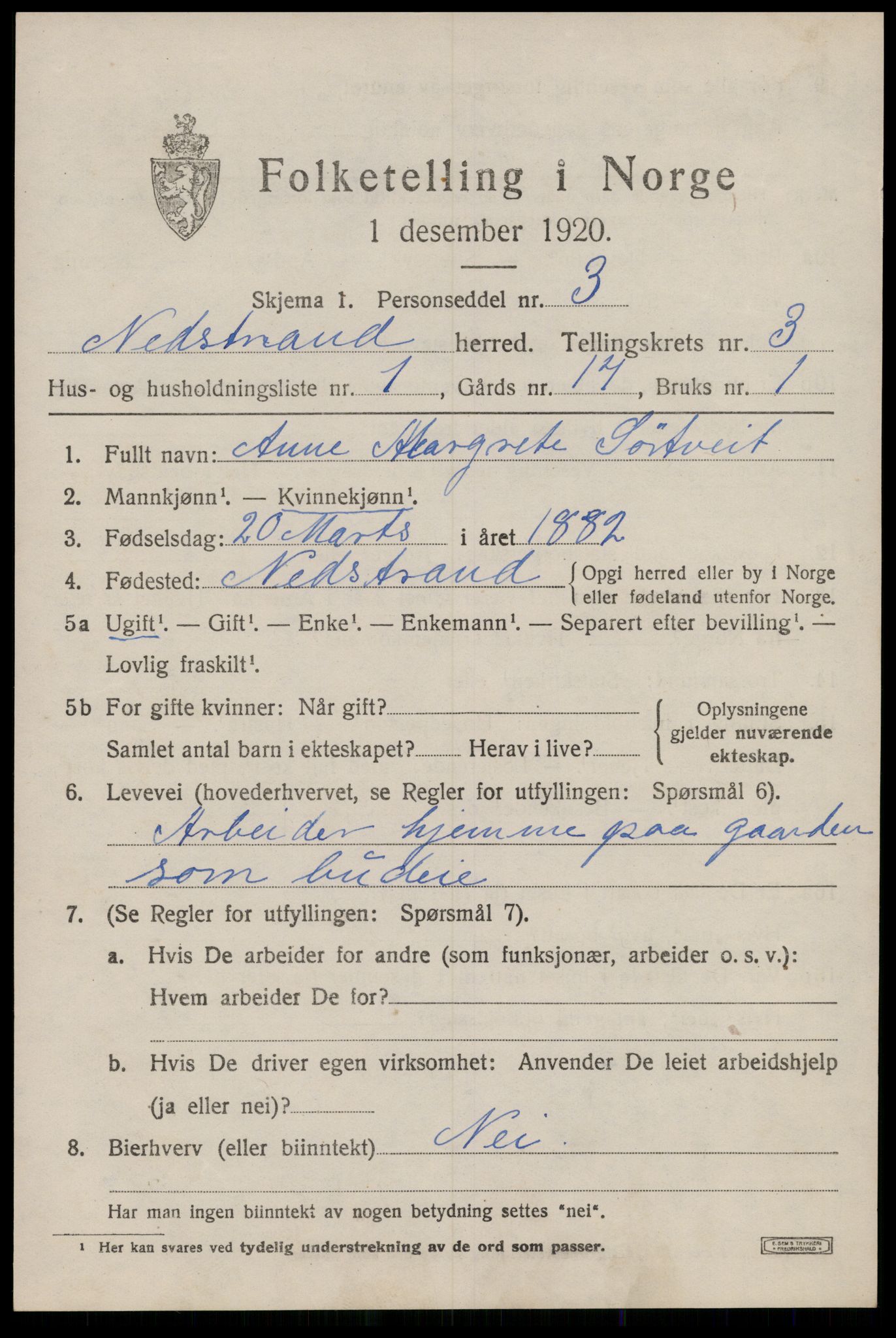 SAST, Folketelling 1920 for 1139 Nedstrand herred, 1920, s. 1363
