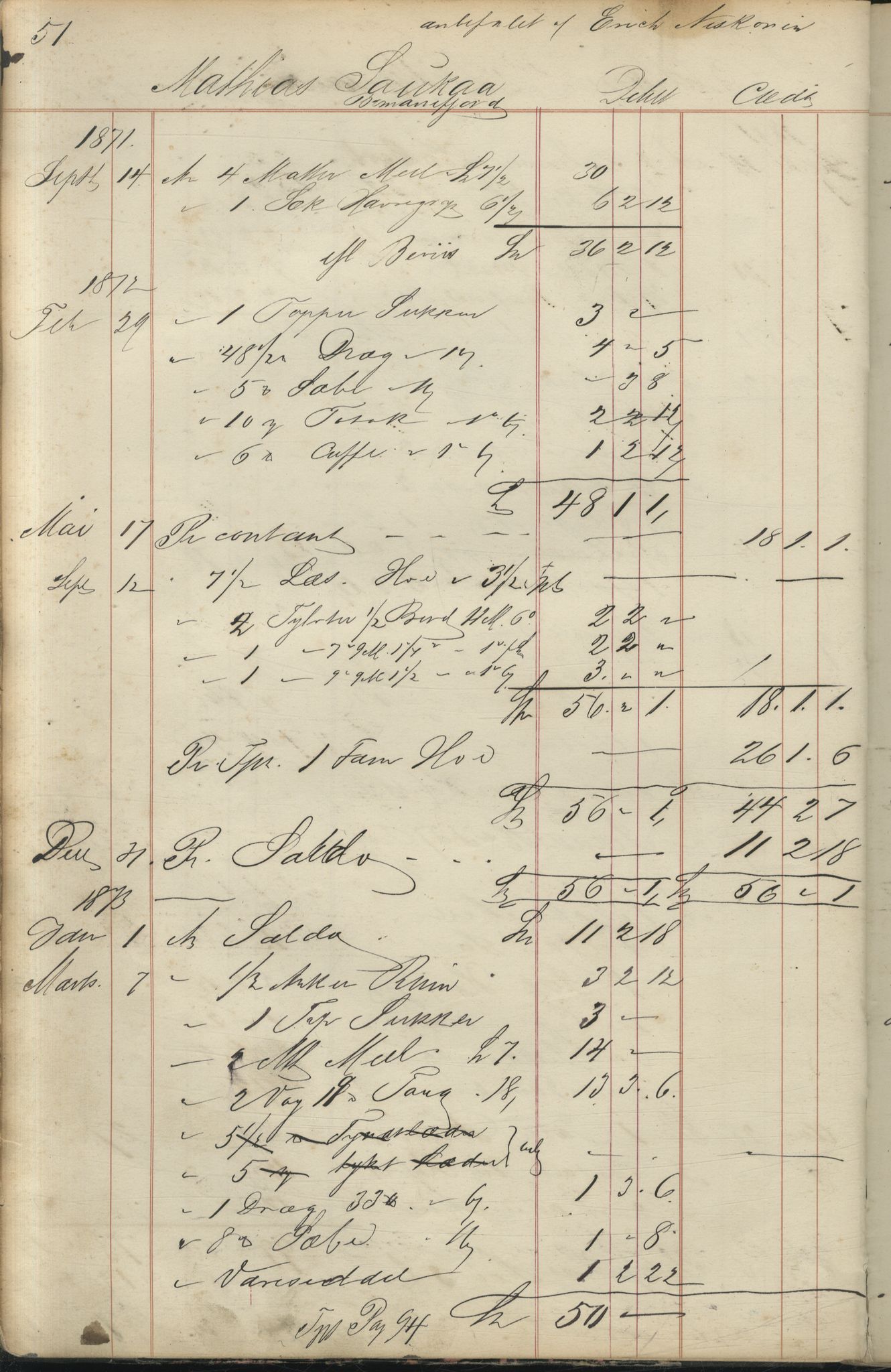 Brodtkorb handel A/S, VAMU/A-0001/F/Fc/L0001/0001: Konto for kvener og nordmenn på Kolahalvøya  / Conto for Kvæner og Nordmænd paa Russefinmarken No 1, 1868-1894, s. 51