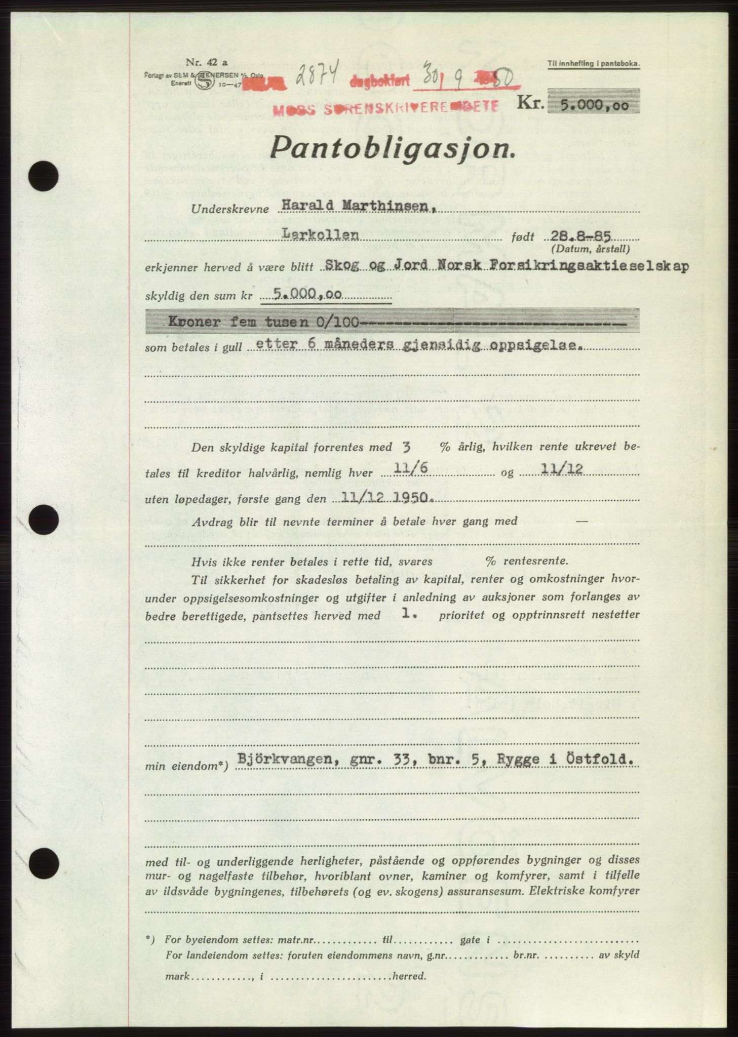 Moss sorenskriveri, SAO/A-10168: Pantebok nr. B25, 1950-1950, Dagboknr: 2874/1950