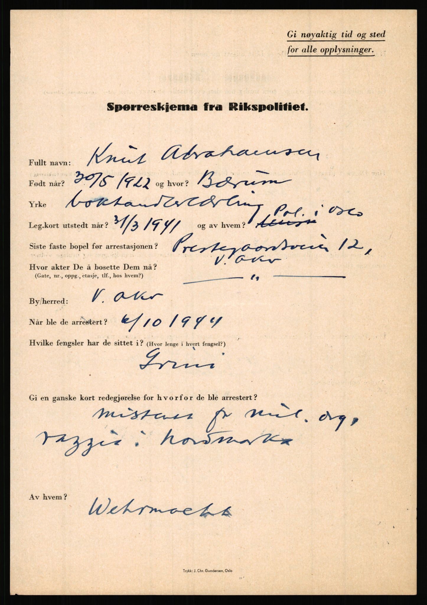 Rikspolitisjefen, AV/RA-S-1560/L/L0001: Abelseth, Rudolf - Berentsen, Odd, 1940-1945, s. 13