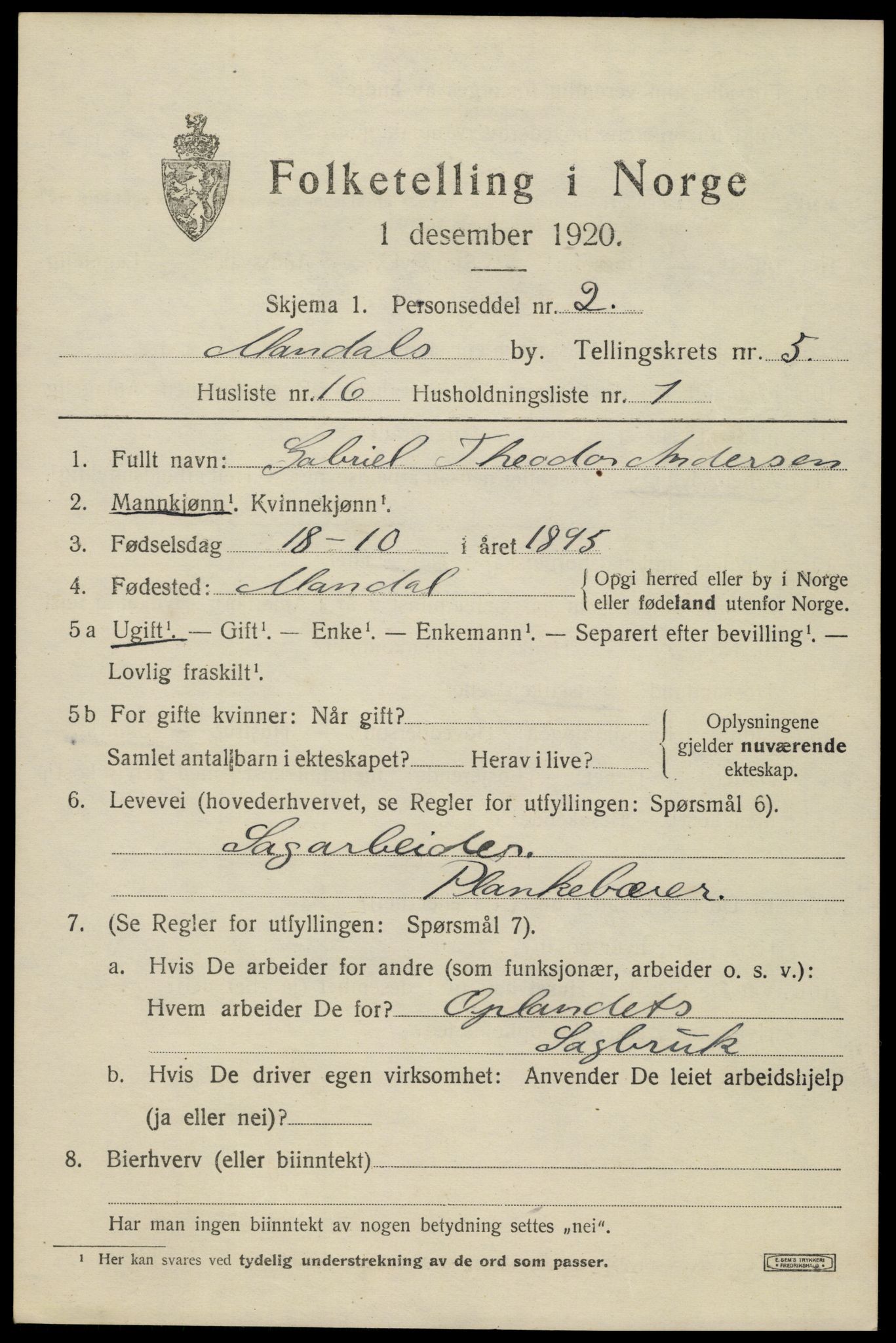 SAK, Folketelling 1920 for 1002 Mandal ladested, 1920, s. 8375