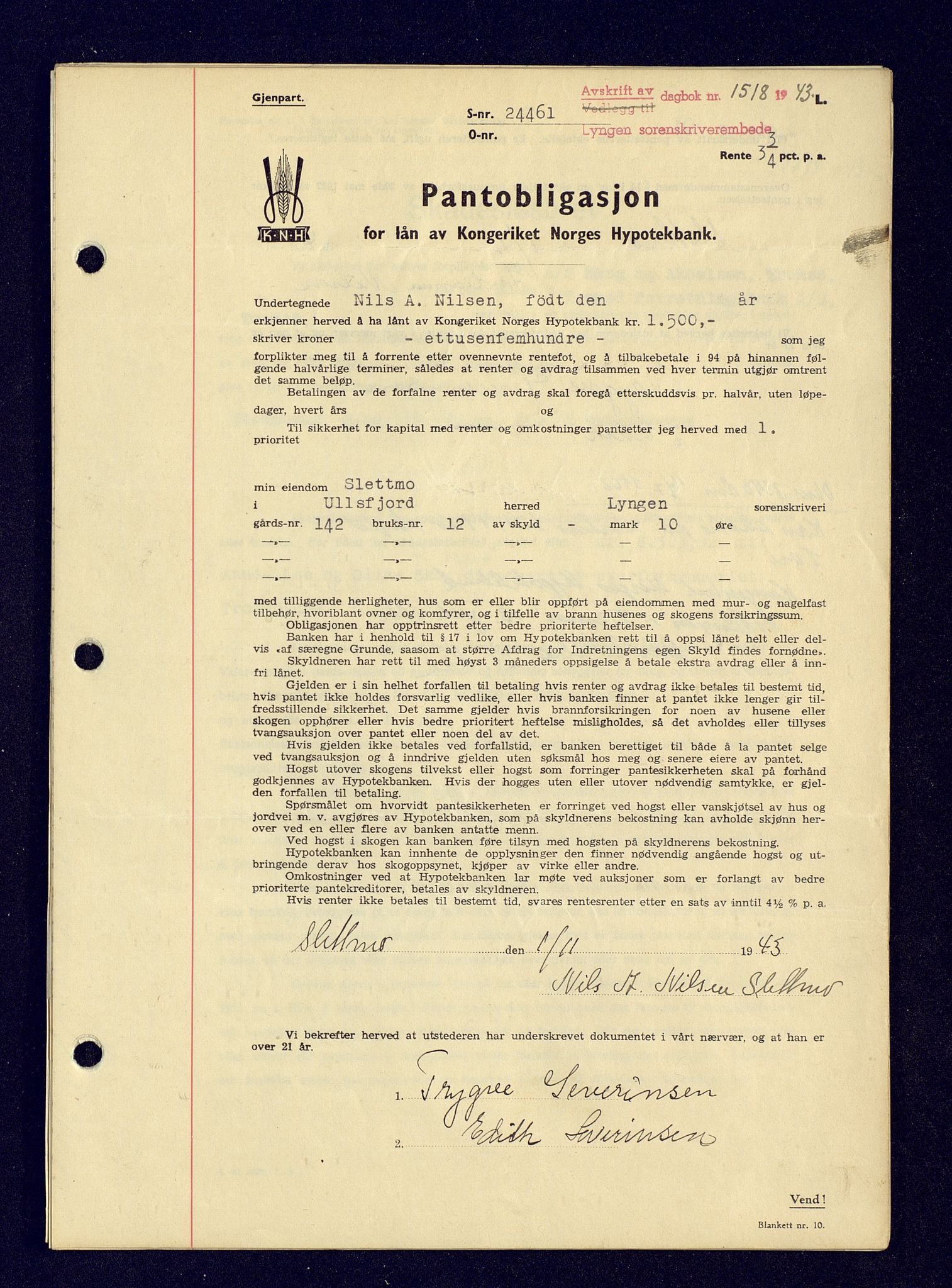 Lyngen sorenskriveri, AV/SATØ-SATØ-0052/1/G/Gf/L0002: Pantebok nr. B 31-40, 1942-1948, Dagboknr: 1518/1943