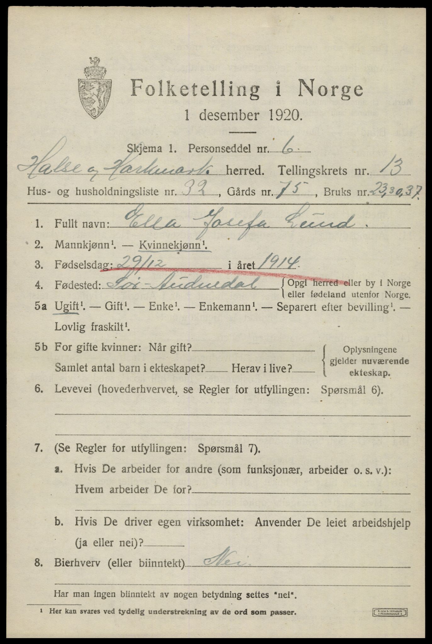 SAK, Folketelling 1920 for 1019 Halse og Harkmark herred, 1920, s. 7299