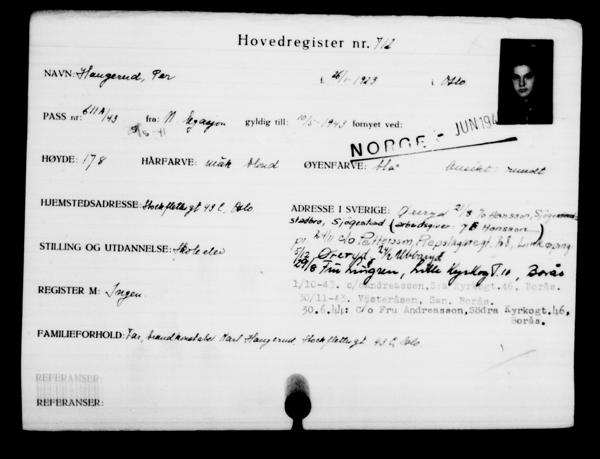 Utenriksstasjonene, Legasjonen i Stockholm, Flyktningkontoret, AV/RA-S-6753/V/Va/L0001: Kjesäterkartoteket, flyktninger med registreringsnr. 1-1000, 1940-1945, s. 1114