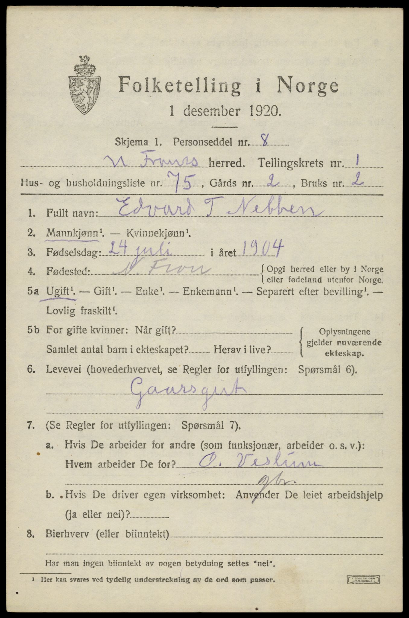SAH, Folketelling 1920 for 0518 Nord-Fron herred, 1920, s. 2528