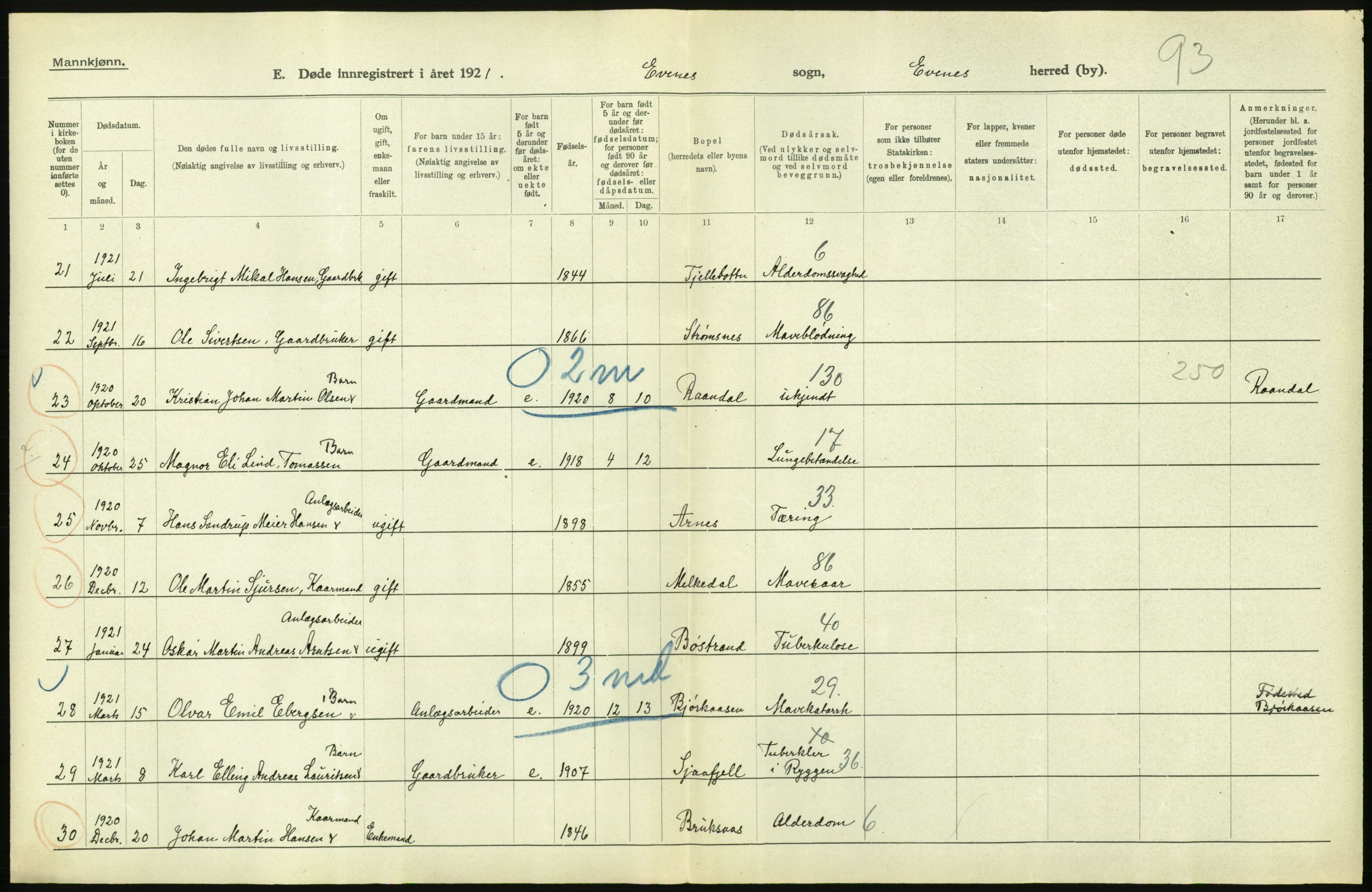 Statistisk sentralbyrå, Sosiodemografiske emner, Befolkning, AV/RA-S-2228/D/Df/Dfc/Dfca/L0051: Nordland fylke: Døde. Bygder og byer., 1921