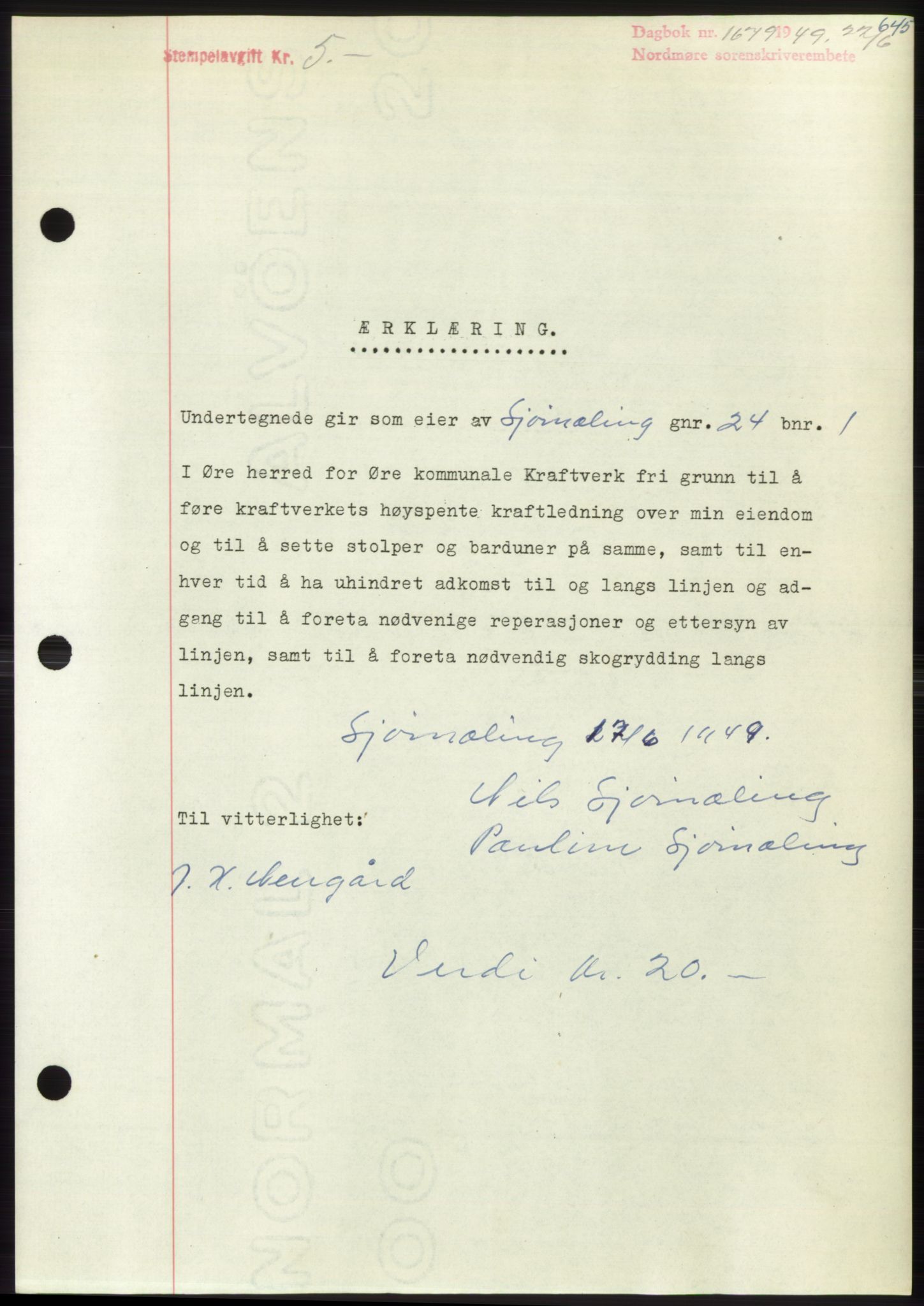 Nordmøre sorenskriveri, SAT/A-4132/1/2/2Ca: Pantebok nr. B101, 1949-1949, Dagboknr: 1679/1949