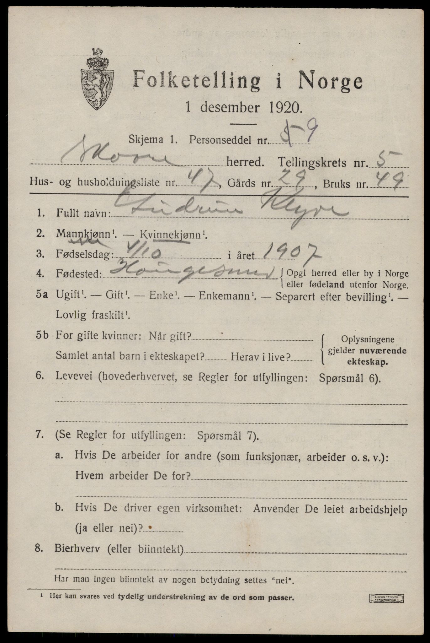 SAST, Folketelling 1920 for 1153 Skåre herred, 1920, s. 3404