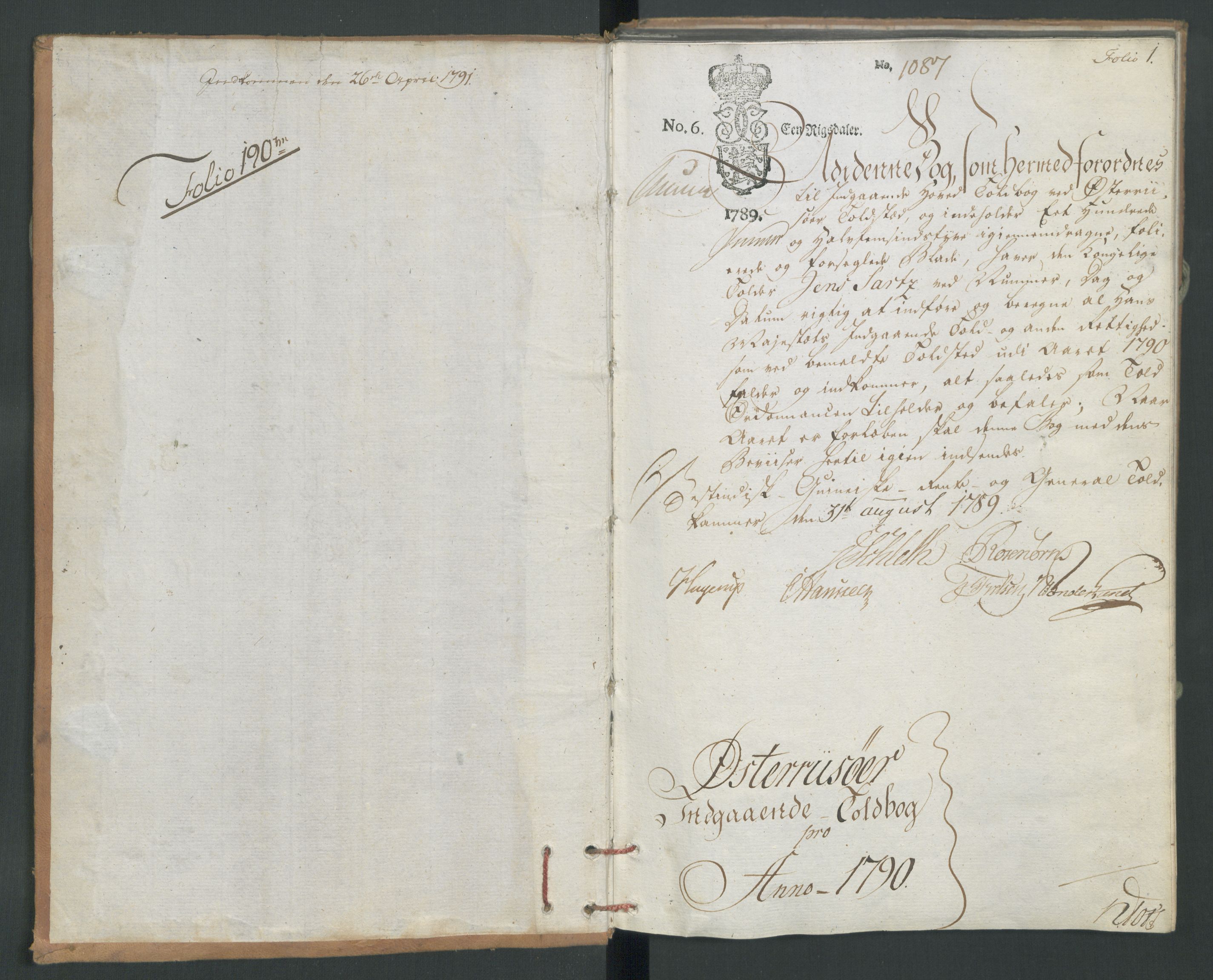 Generaltollkammeret, tollregnskaper, RA/EA-5490/R14/L0105/0001: Tollregnskaper Øster-Risør / Inngående tollbok, 1790