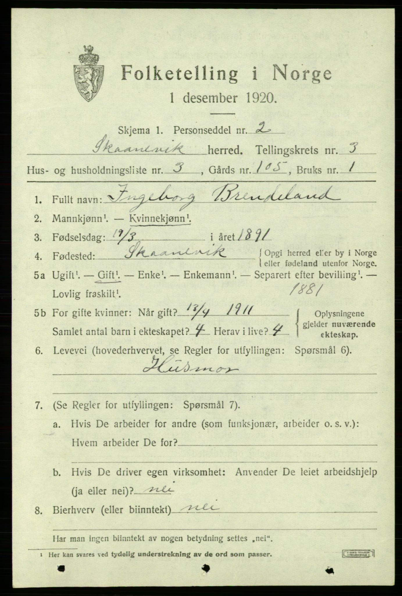 SAB, Folketelling 1920 for 1212 Skånevik herred, 1920, s. 2803