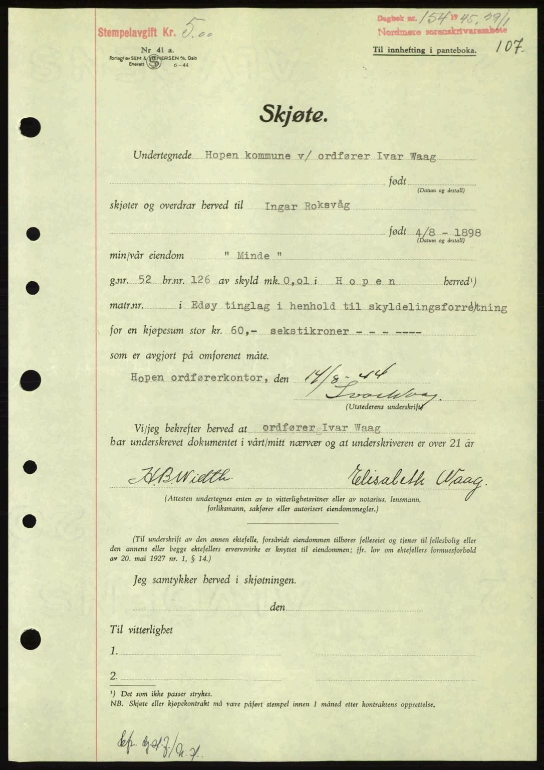 Nordmøre sorenskriveri, SAT/A-4132/1/2/2Ca: Pantebok nr. A99, 1945-1945, Dagboknr: 154/1945