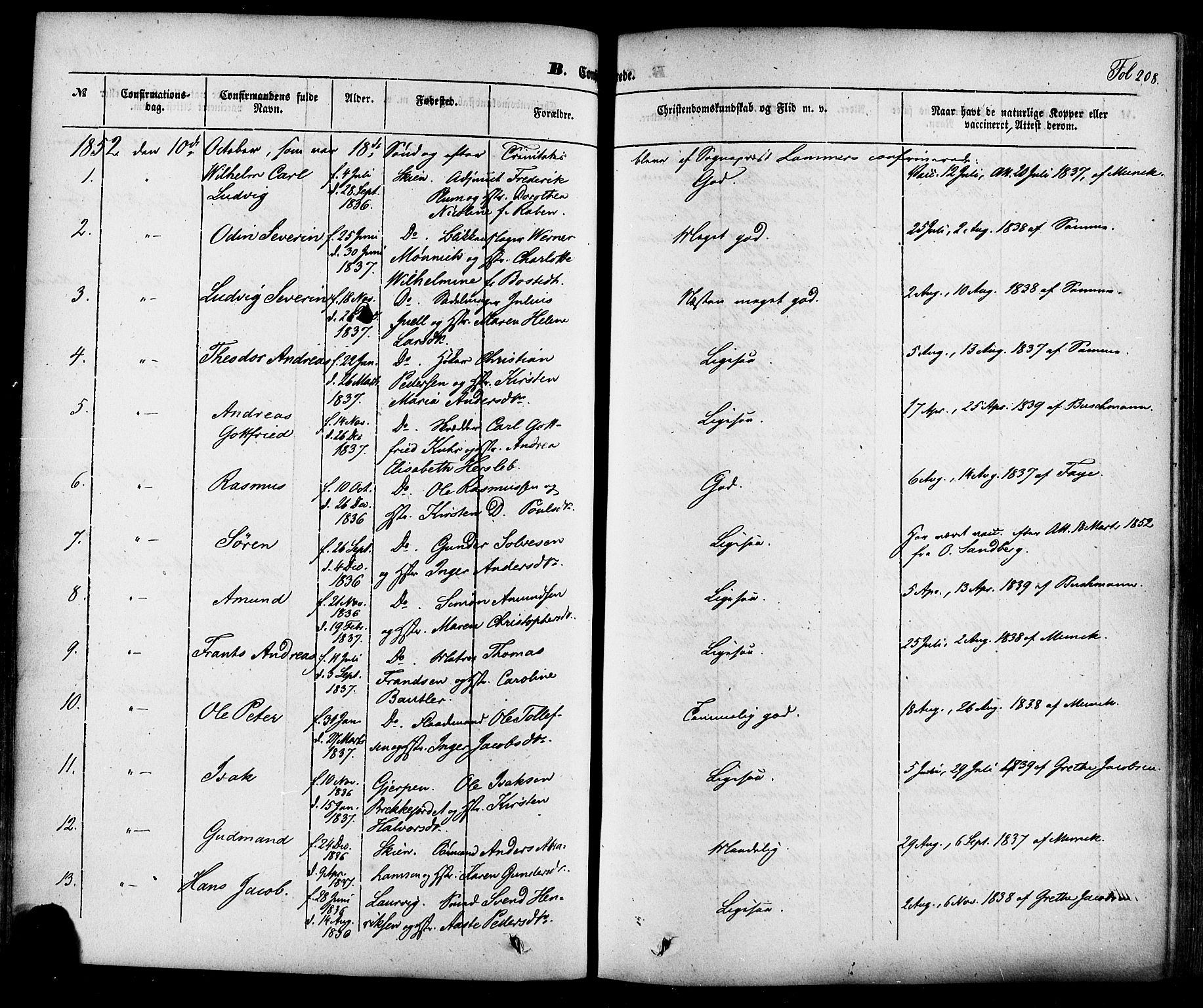 Skien kirkebøker, AV/SAKO-A-302/F/Fa/L0006a: Ministerialbok nr. 6A, 1843-1856, s. 208