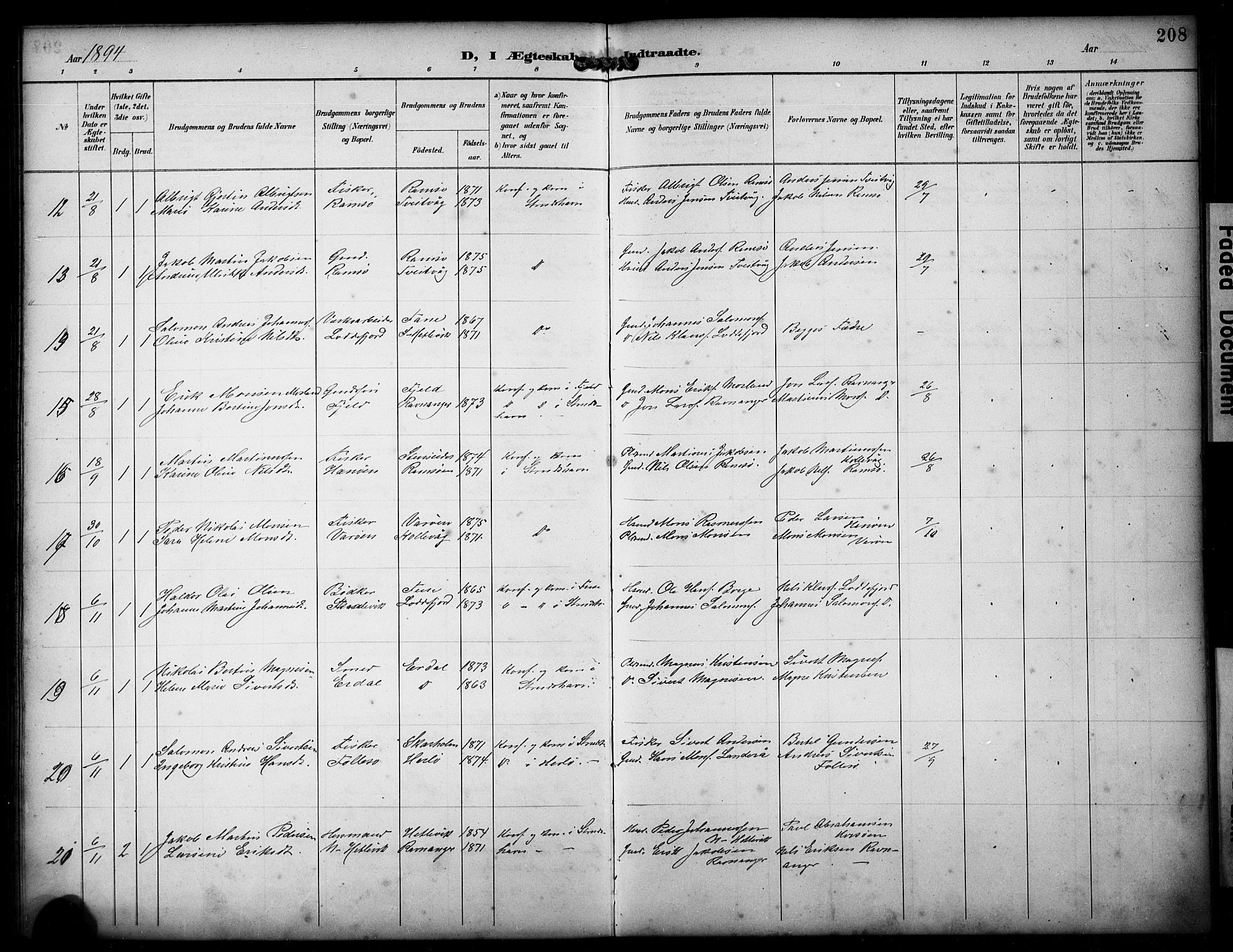 Askøy Sokneprestembete, AV/SAB-A-74101/H/Ha/Hab/Haba/L0009: Klokkerbok nr. A 9, 1894-1903, s. 208