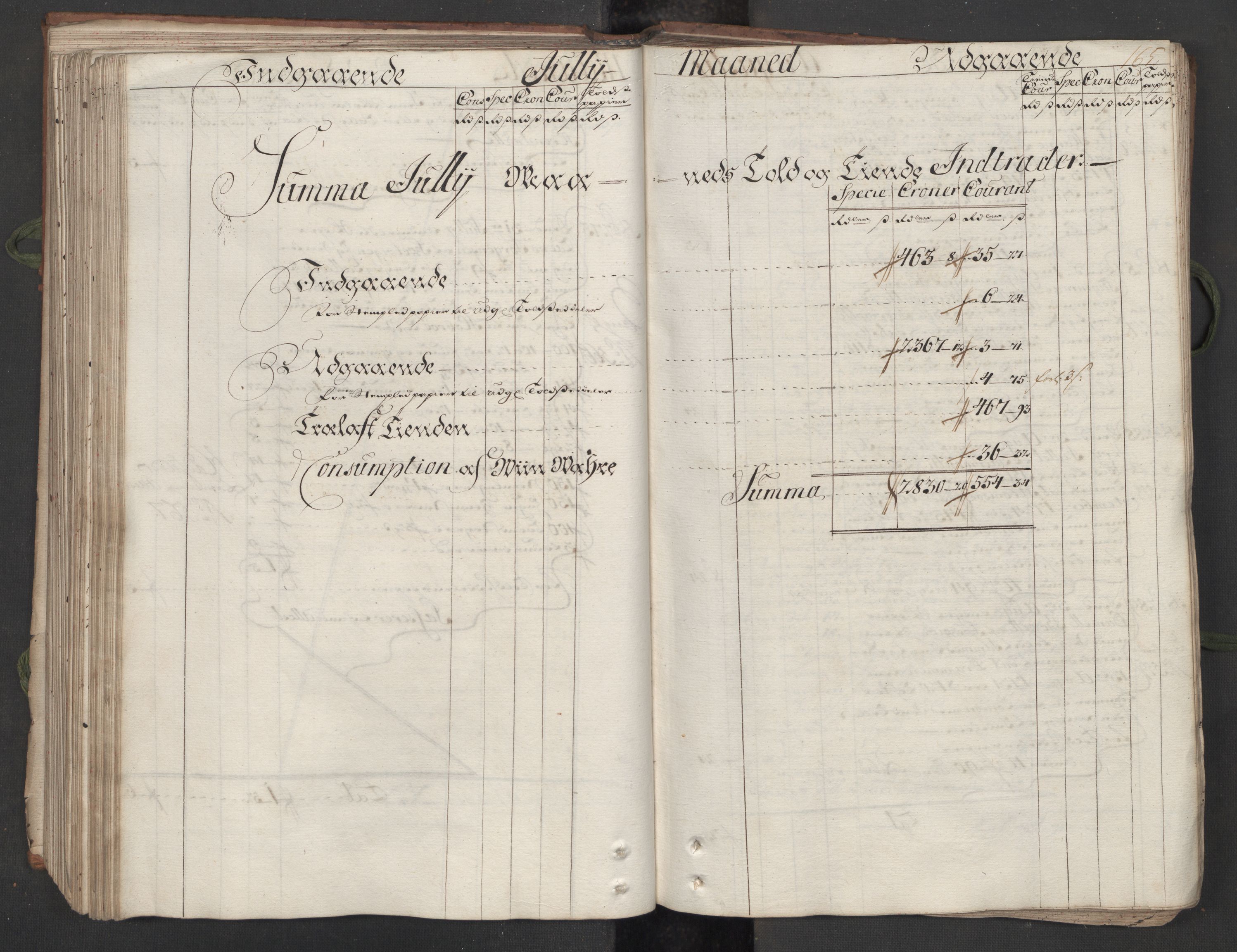 Generaltollkammeret, tollregnskaper, AV/RA-EA-5490/R12/L0009/0001: Tollregnskaper Langesund / Hovedtollbok, 1733, s. 164b-165a