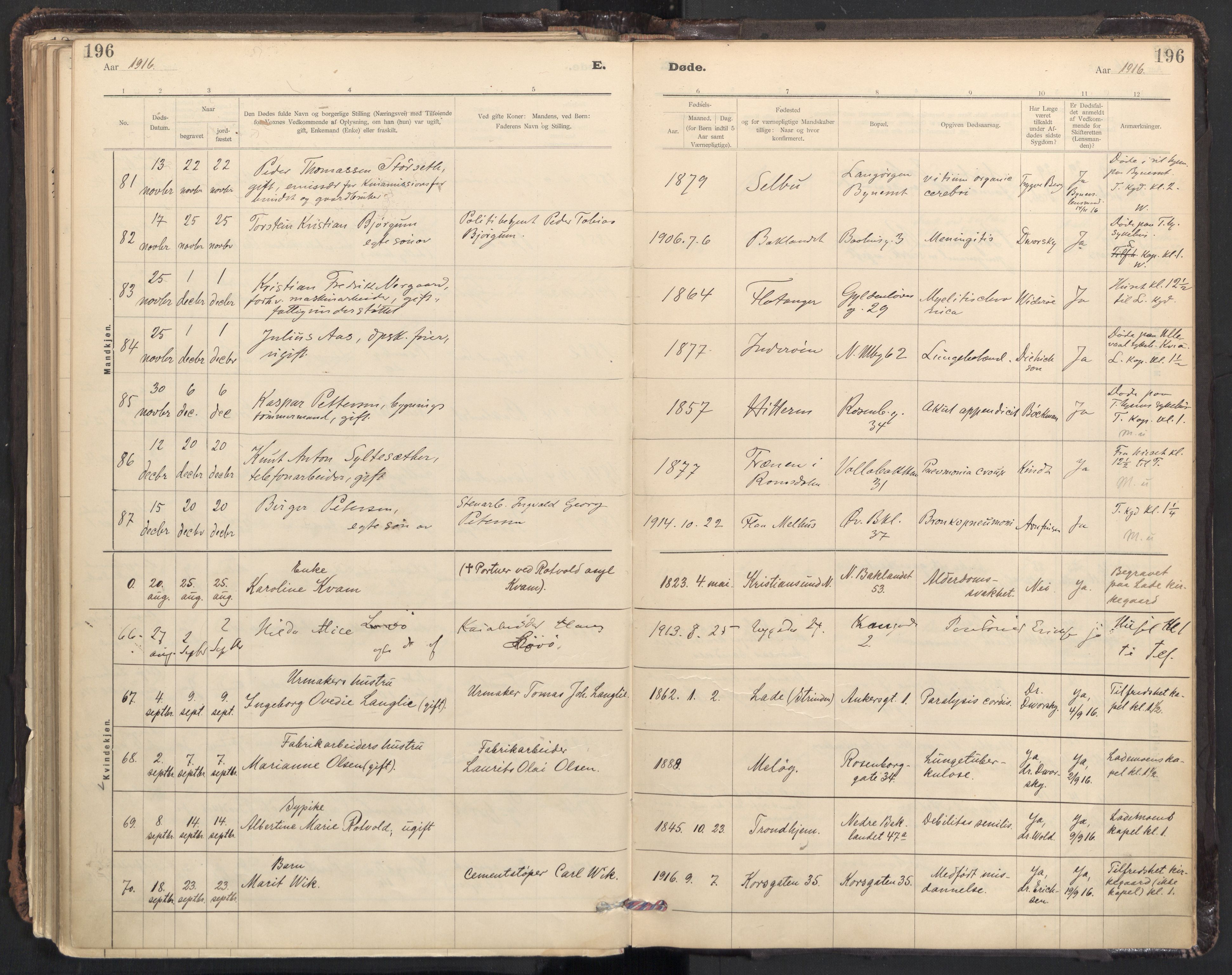Ministerialprotokoller, klokkerbøker og fødselsregistre - Sør-Trøndelag, SAT/A-1456/604/L0204: Ministerialbok nr. 604A24, 1911-1920, s. 196