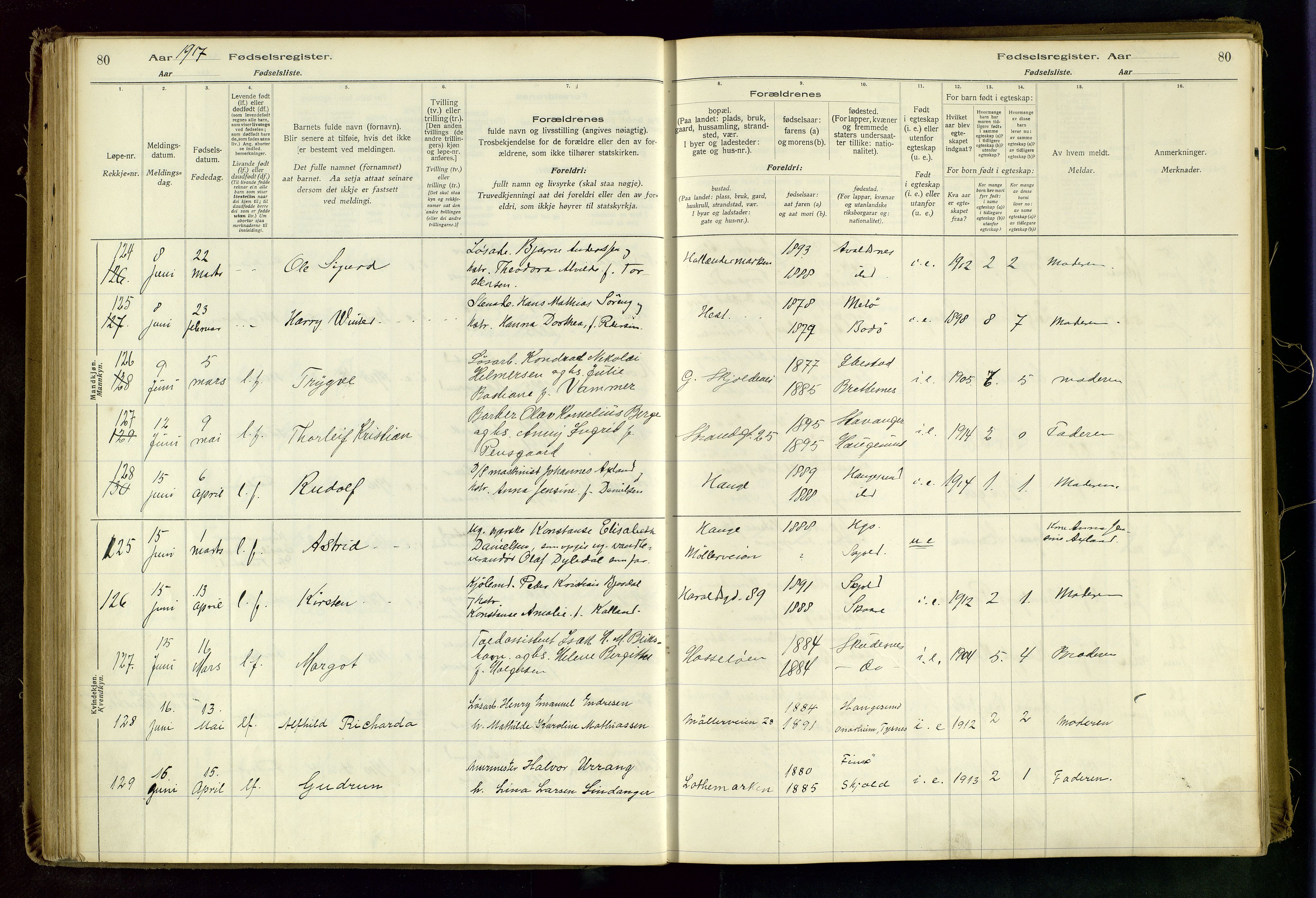 Haugesund sokneprestkontor, AV/SAST-A -101863/I/Id/L0003: Fødselsregister nr. 1, 1916-1919, s. 80