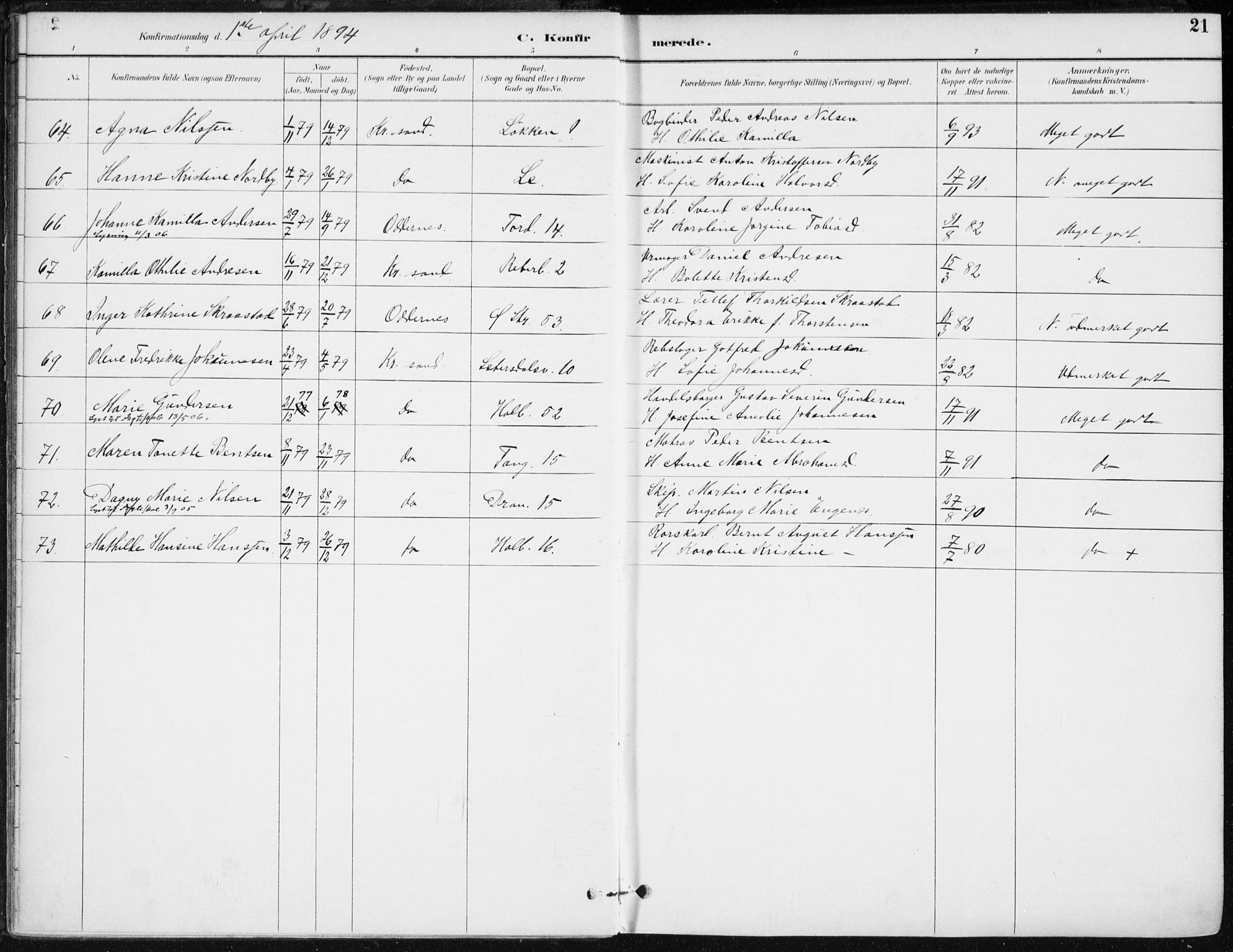 Kristiansand domprosti, AV/SAK-1112-0006/F/Fa/L0020: Ministerialbok nr. A 19, 1893-1904, s. 21