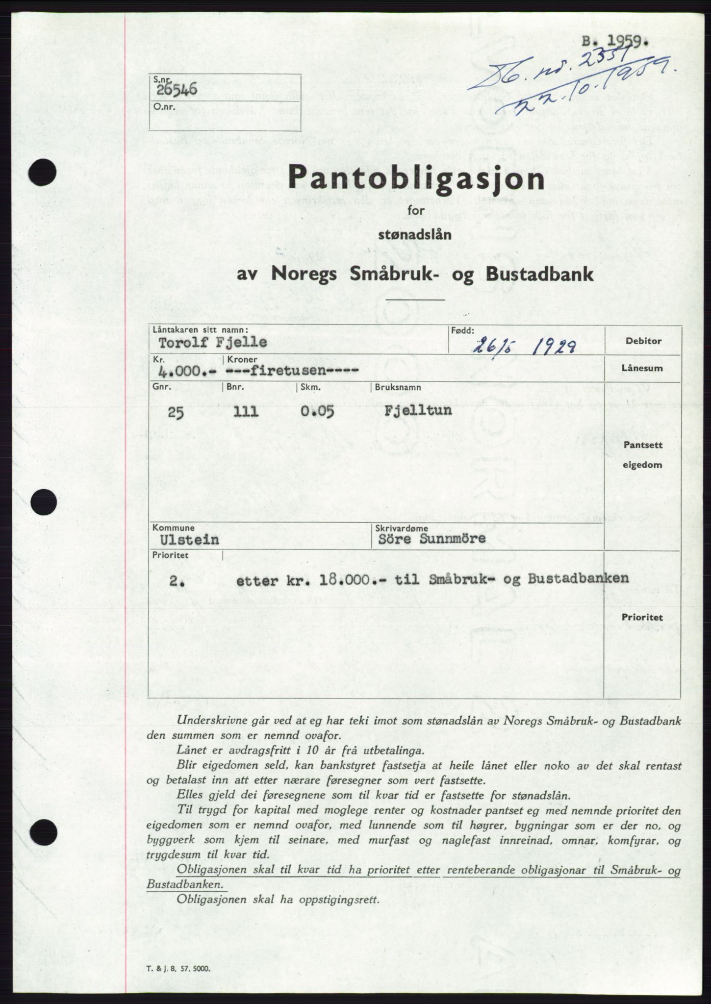 Søre Sunnmøre sorenskriveri, SAT/A-4122/1/2/2C/L0133: Pantebok nr. 21B, 1959-1959, Dagboknr: 2351/1959