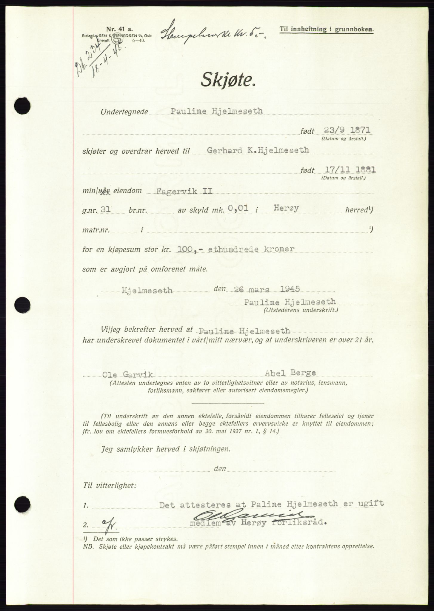 Søre Sunnmøre sorenskriveri, AV/SAT-A-4122/1/2/2C/L0077: Pantebok nr. 3A, 1945-1946, Dagboknr: 234/1945