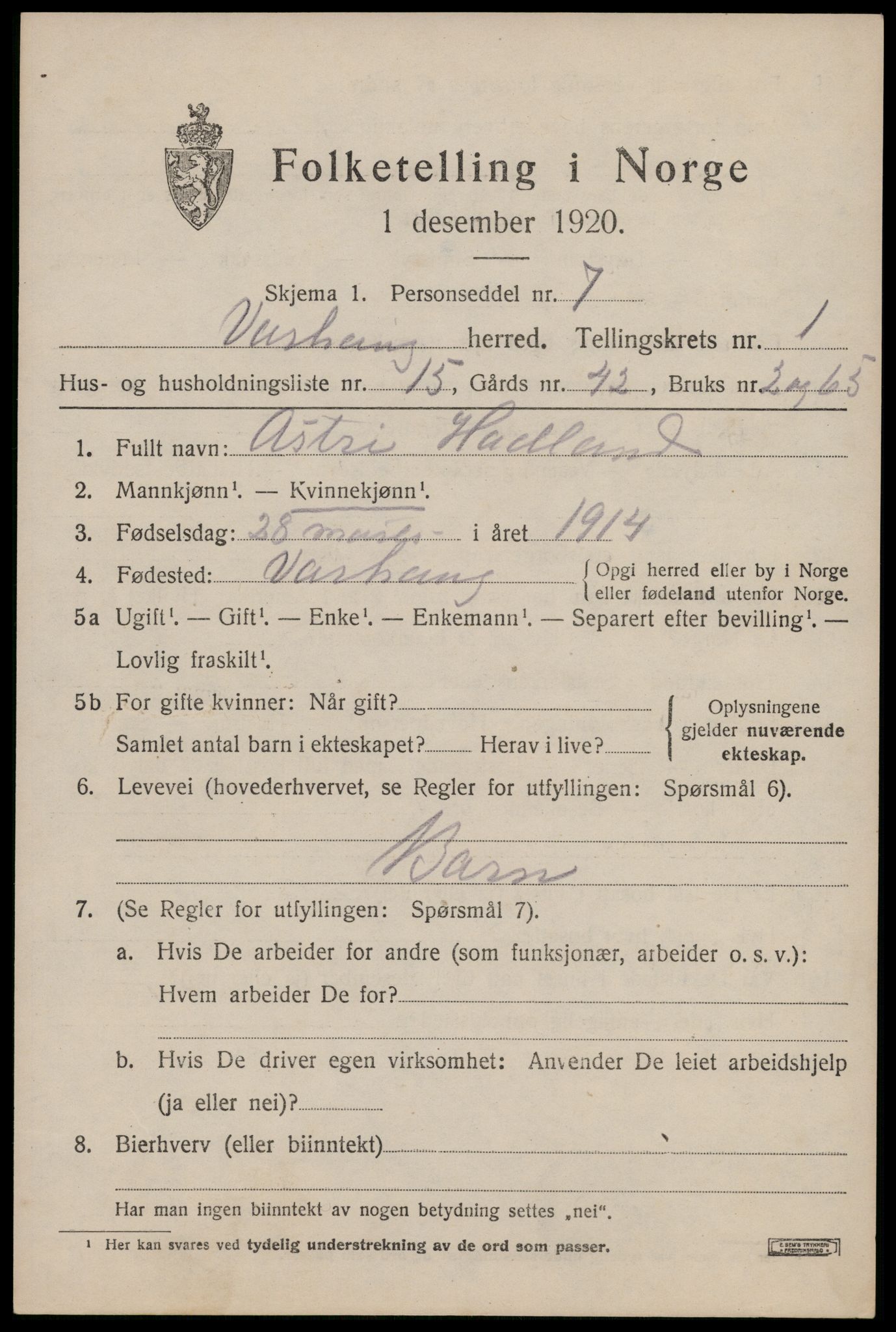 SAST, Folketelling 1920 for 1118 Varhaug herred, 1920, s. 995