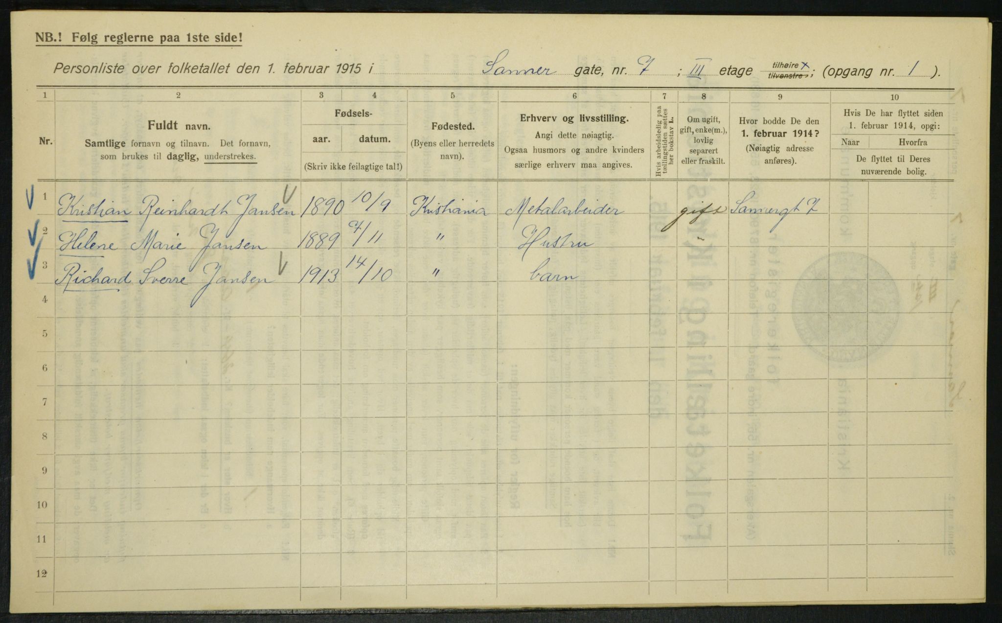 OBA, Kommunal folketelling 1.2.1915 for Kristiania, 1915, s. 88103