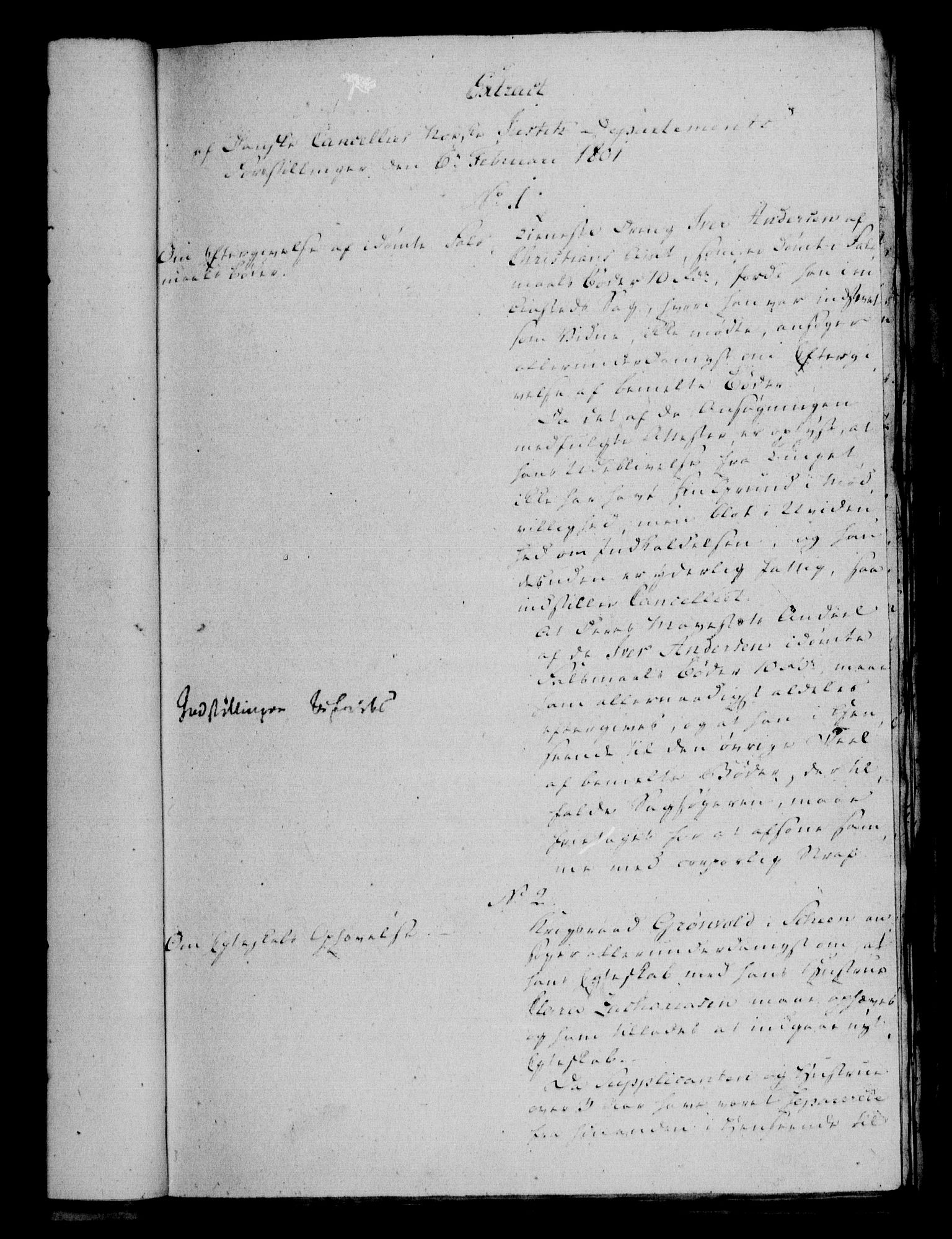 Danske Kanselli 1800-1814, RA/EA-3024/H/Hf/Hfa/Hfaa/L0002: Ekstrakt av forestillinger, 1801