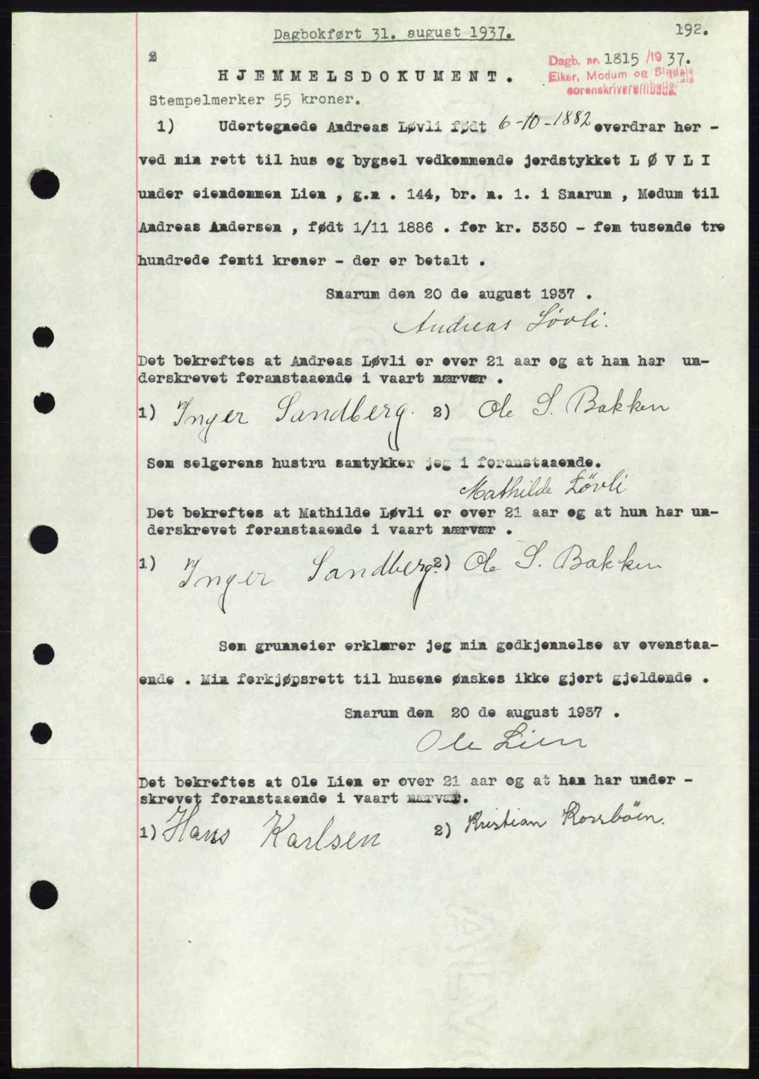 Eiker, Modum og Sigdal sorenskriveri, SAKO/A-123/G/Ga/Gab/L0036: Pantebok nr. A6, 1937-1937, Dagboknr: 1815/1937