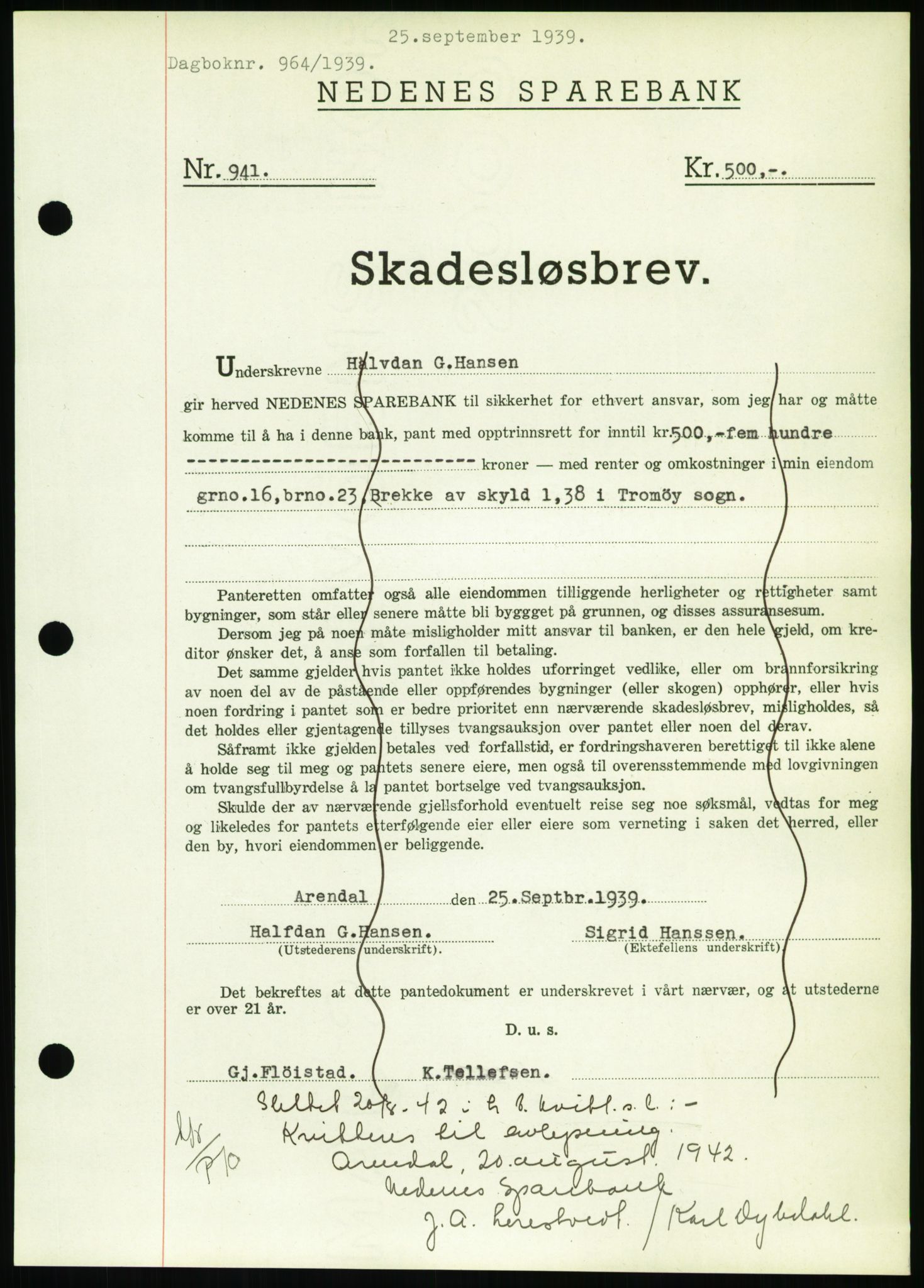 Nedenes sorenskriveri, AV/SAK-1221-0006/G/Gb/Gbb/L0001: Pantebok nr. I, 1939-1942, Dagboknr: 964/1939