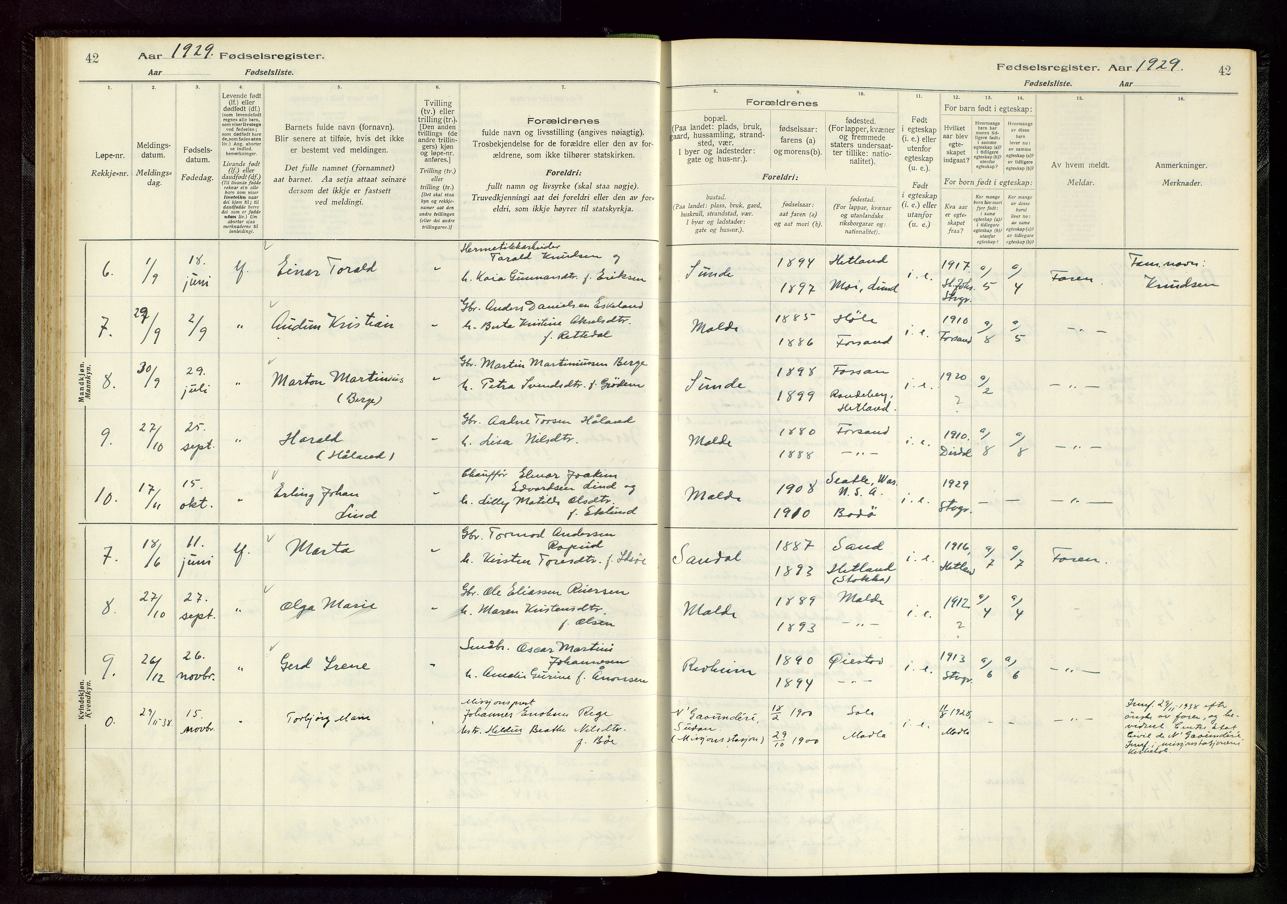 Håland sokneprestkontor, AV/SAST-A-101802/002/A/L0005: Fødselsregister nr. 5, 1916-1957, s. 42