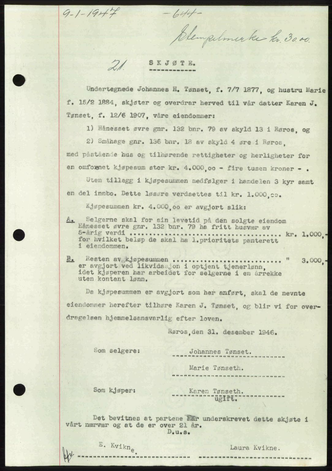 Gauldal sorenskriveri, SAT/A-0014/1/2/2C: Pantebok nr. A3, 1947-1947, Dagboknr: 21/1947
