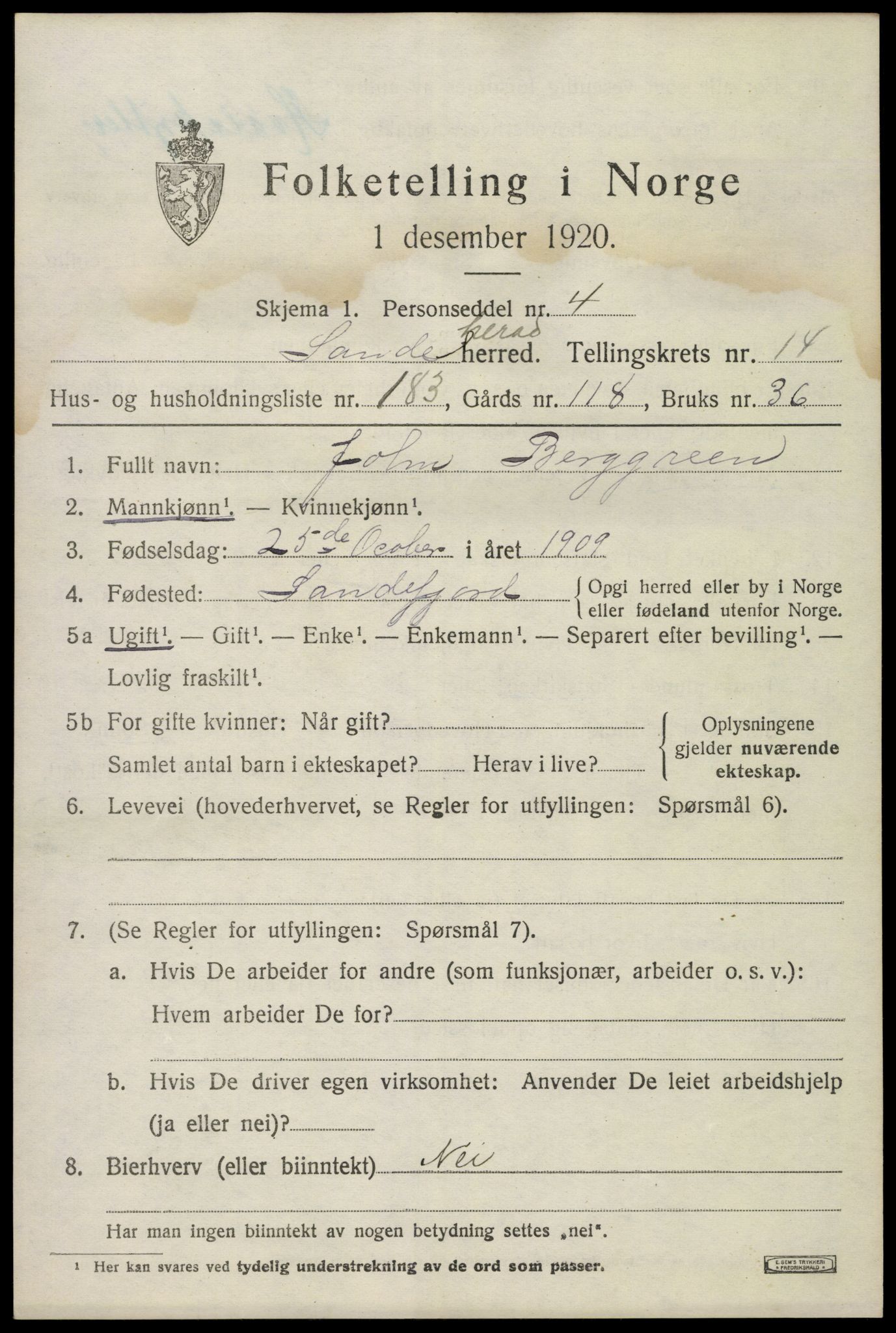 SAKO, Folketelling 1920 for 0724 Sandeherred herred, 1920, s. 22908