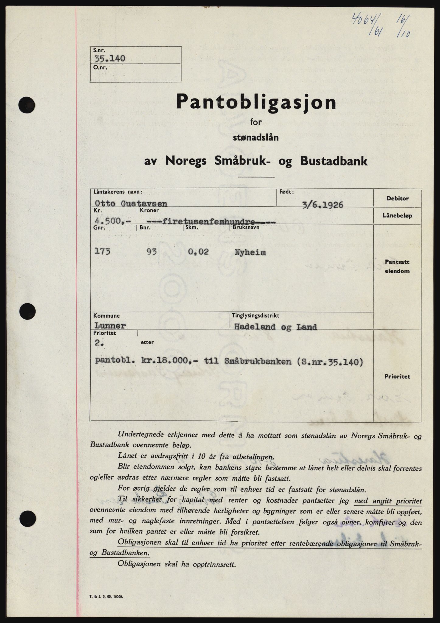 Hadeland og Land tingrett, SAH/TING-010/H/Hb/Hbc/L0047: Pantebok nr. B47, 1961-1962, Dagboknr: 4064/1961