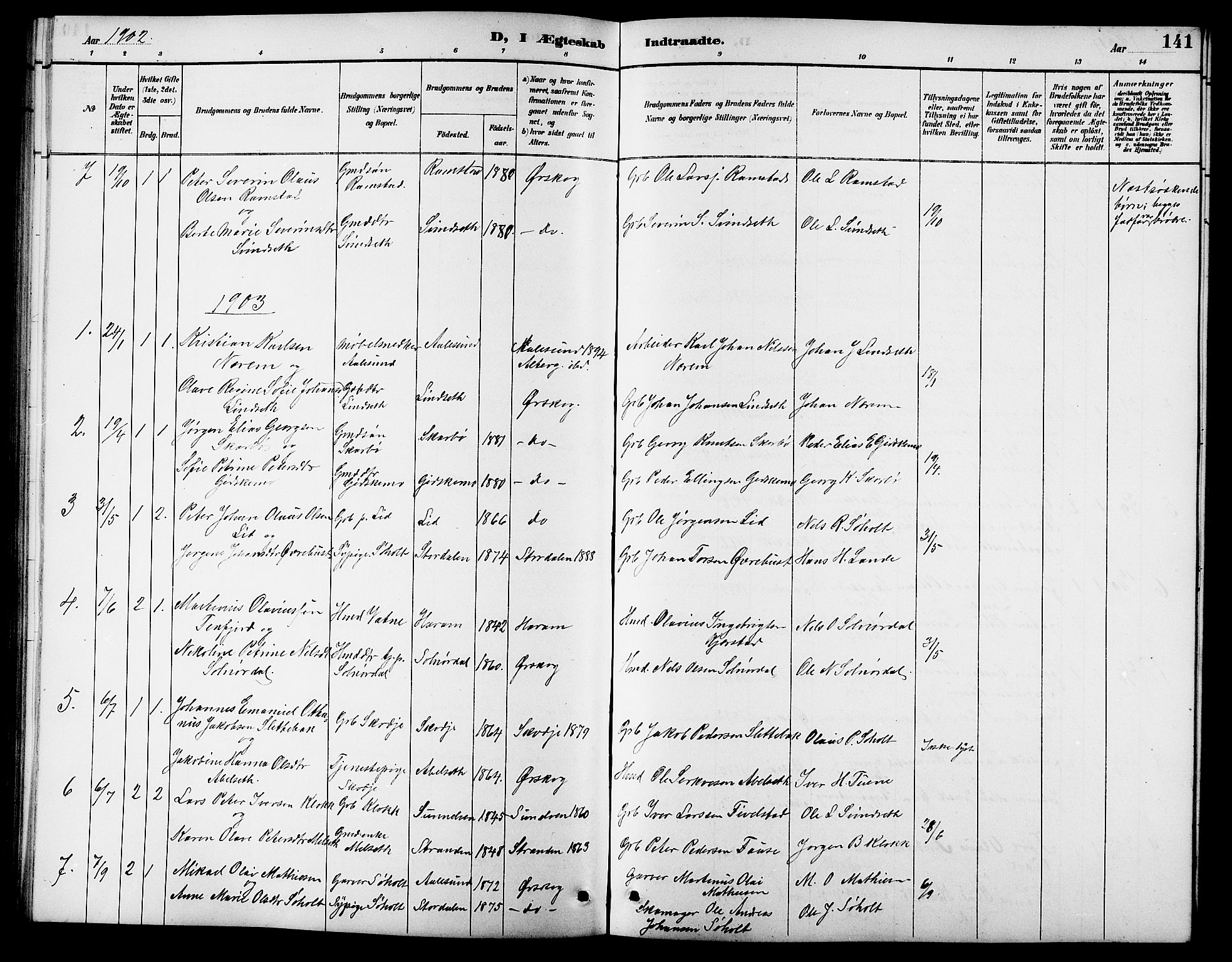 Ministerialprotokoller, klokkerbøker og fødselsregistre - Møre og Romsdal, AV/SAT-A-1454/522/L0327: Klokkerbok nr. 522C06, 1890-1915, s. 141