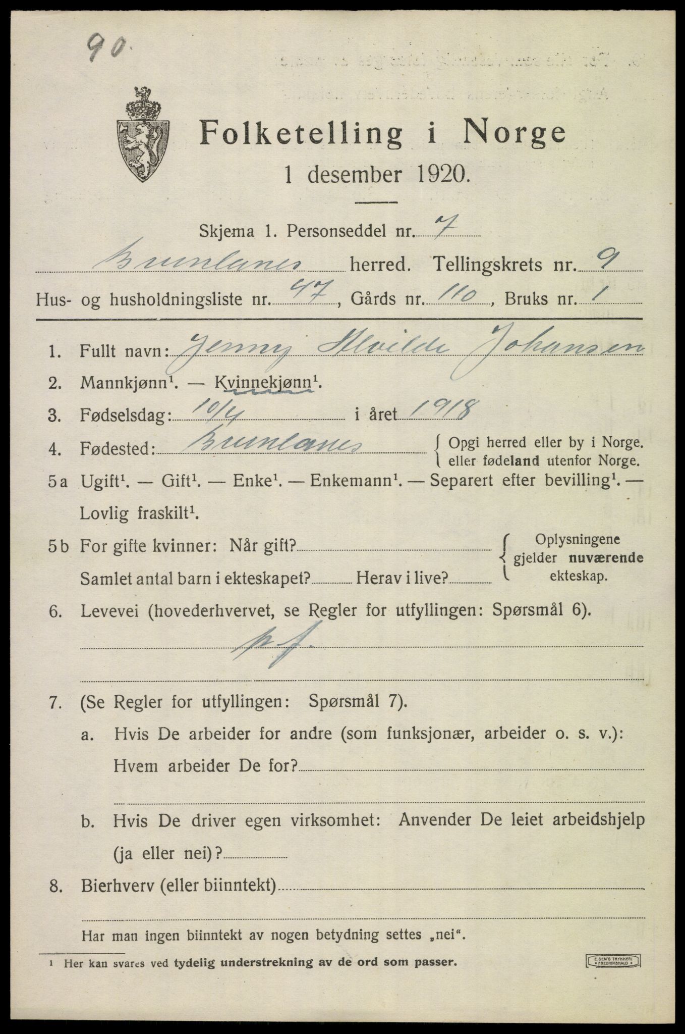 SAKO, Folketelling 1920 for 0726 Brunlanes herred, 1920, s. 8315