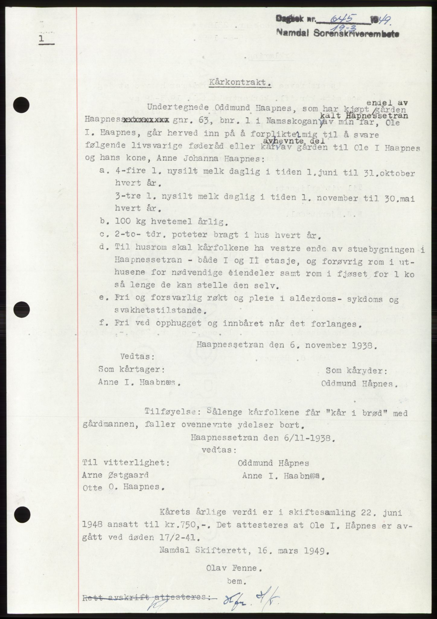 Namdal sorenskriveri, SAT/A-4133/1/2/2C: Pantebok nr. -, 1949-1949, Dagboknr: 645/1949