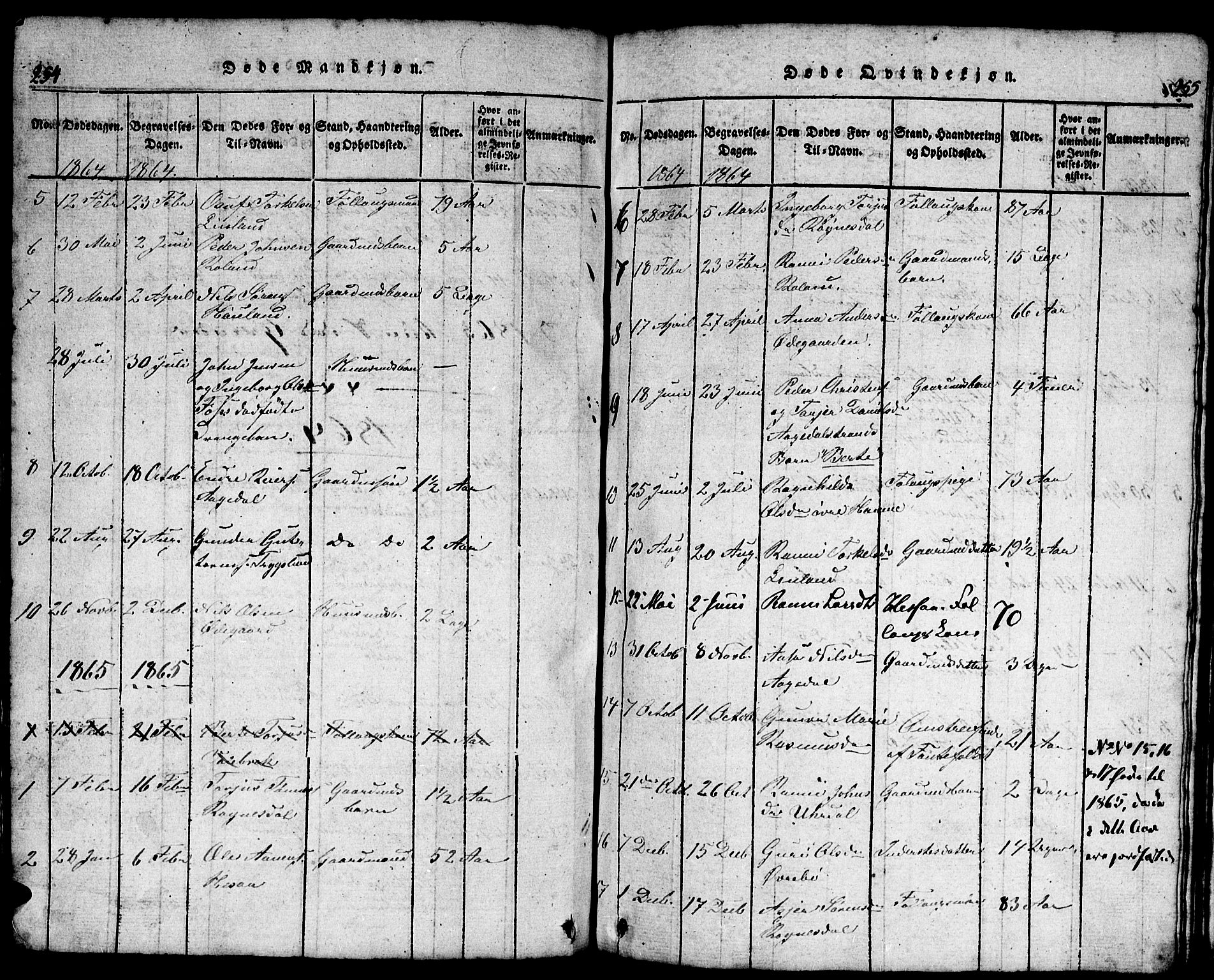 Bjelland sokneprestkontor, AV/SAK-1111-0005/F/Fb/Fba/L0003: Klokkerbok nr. B 3, 1816-1870, s. 254-255