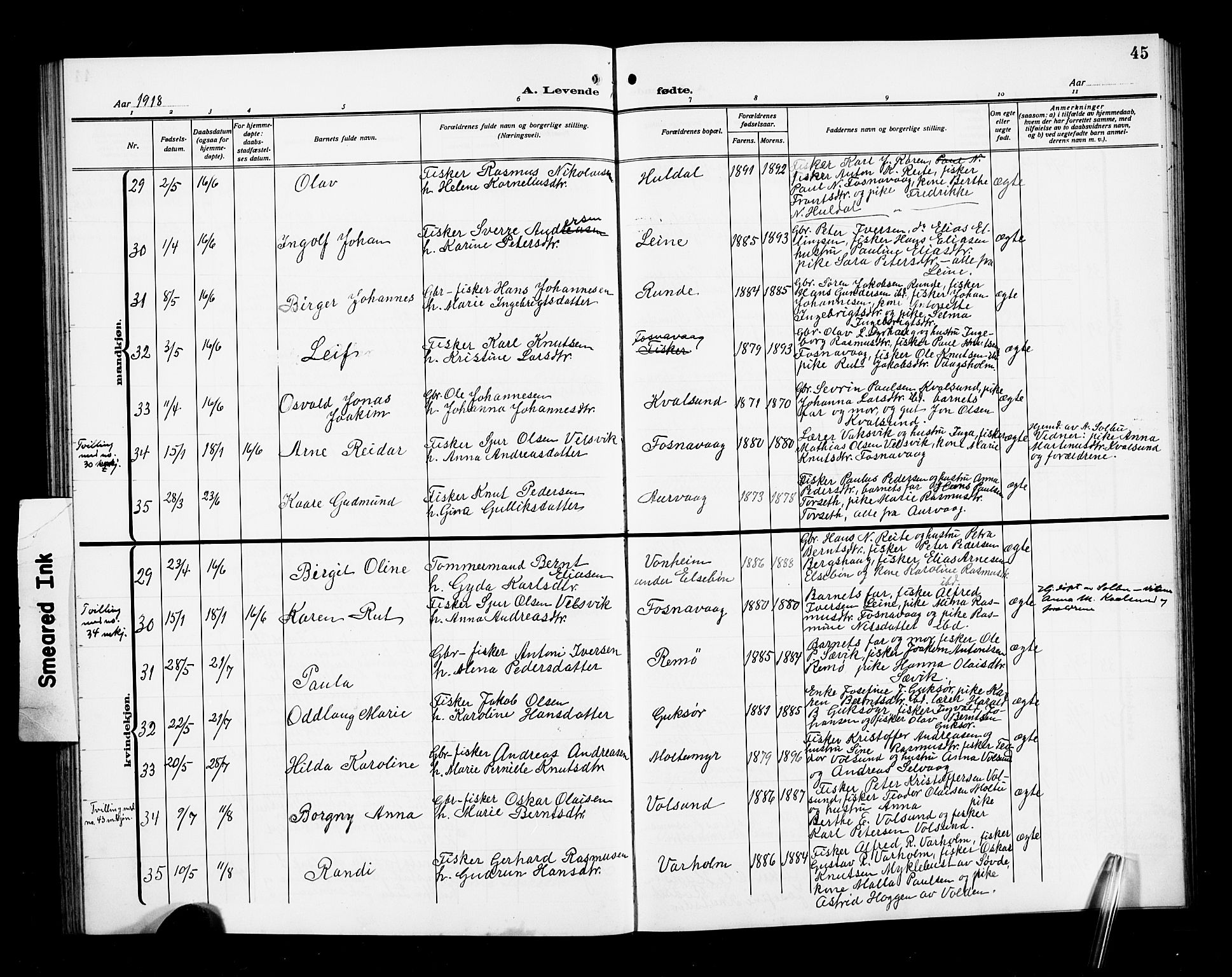 Ministerialprotokoller, klokkerbøker og fødselsregistre - Møre og Romsdal, AV/SAT-A-1454/507/L0083: Klokkerbok nr. 507C06, 1912-1919, s. 45