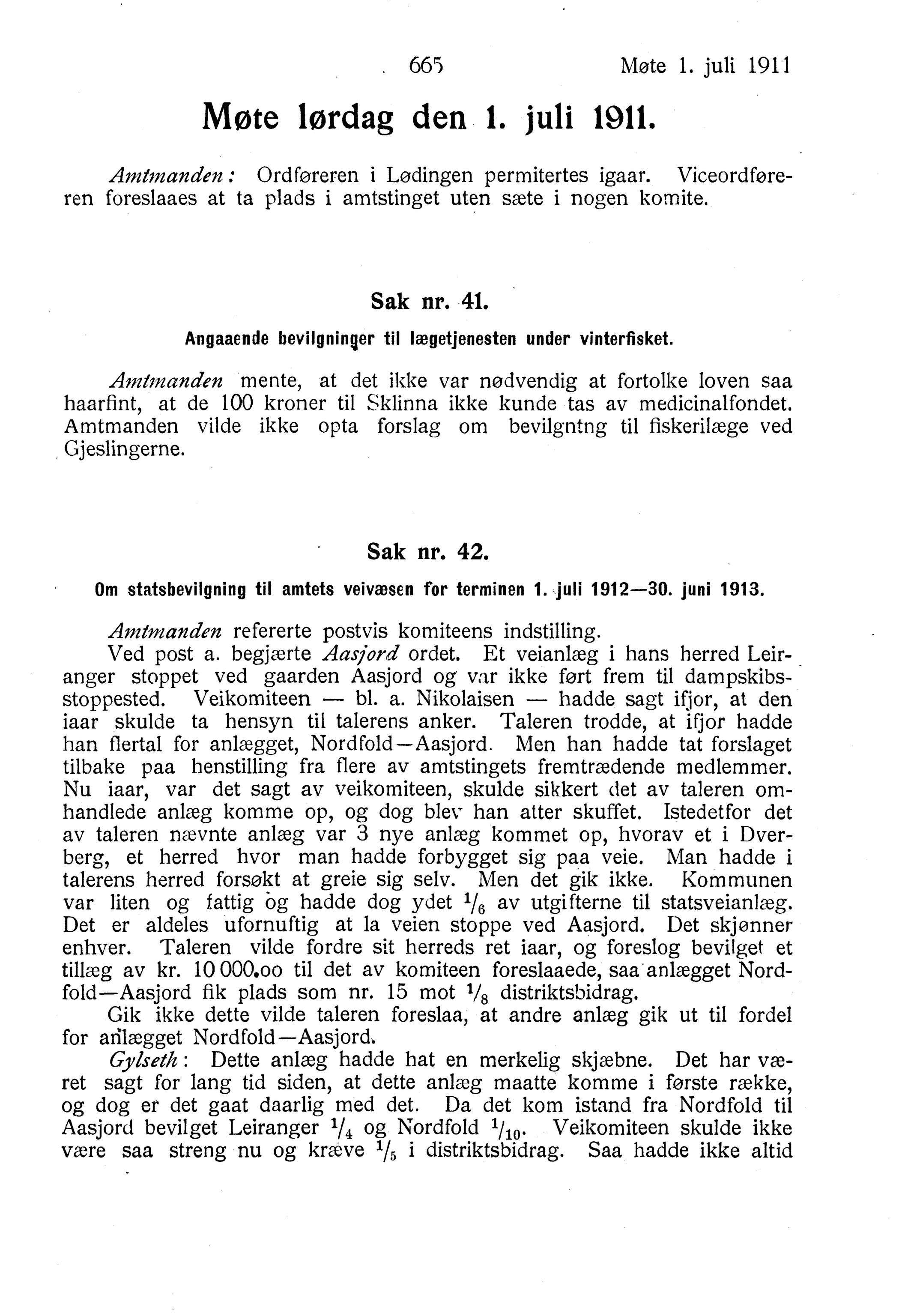 Nordland Fylkeskommune. Fylkestinget, AIN/NFK-17/176/A/Ac/L0034: Fylkestingsforhandlinger 1911, 1911, s. 665